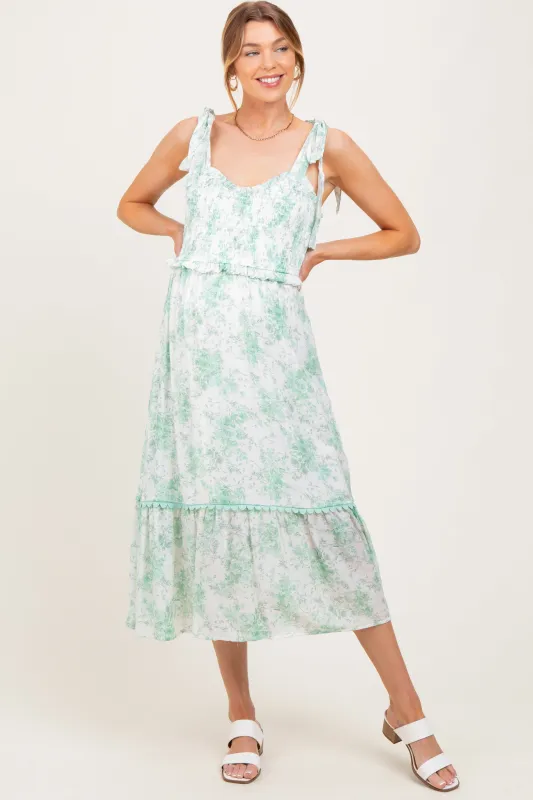 Mint Floral Smocked Shoulder Tie Maternity Midi Dress sold by Pinkblush