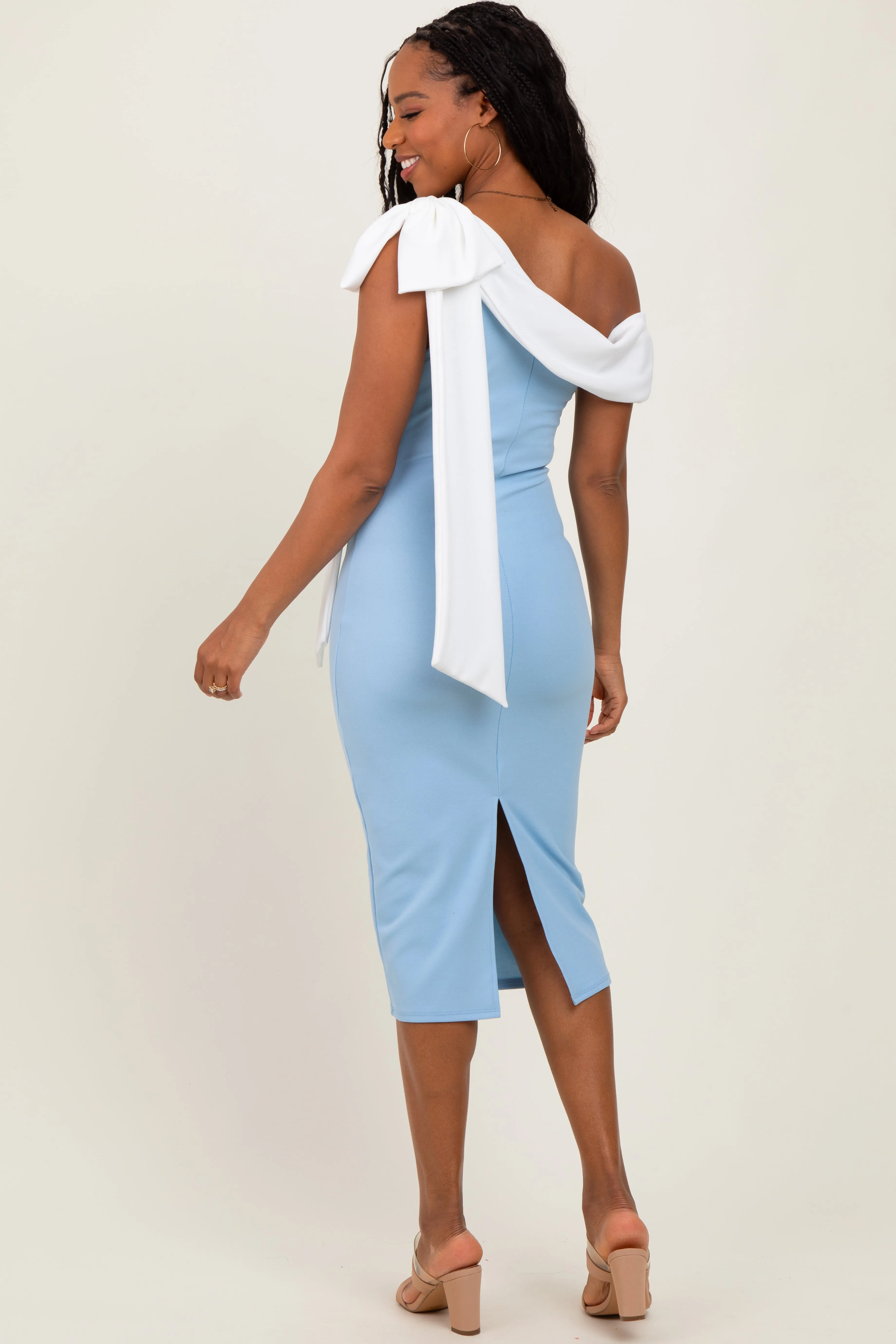 Blue Colorblock One Shoulder Draped Midi Dress sold by Pinkblush product image thumbnail 3