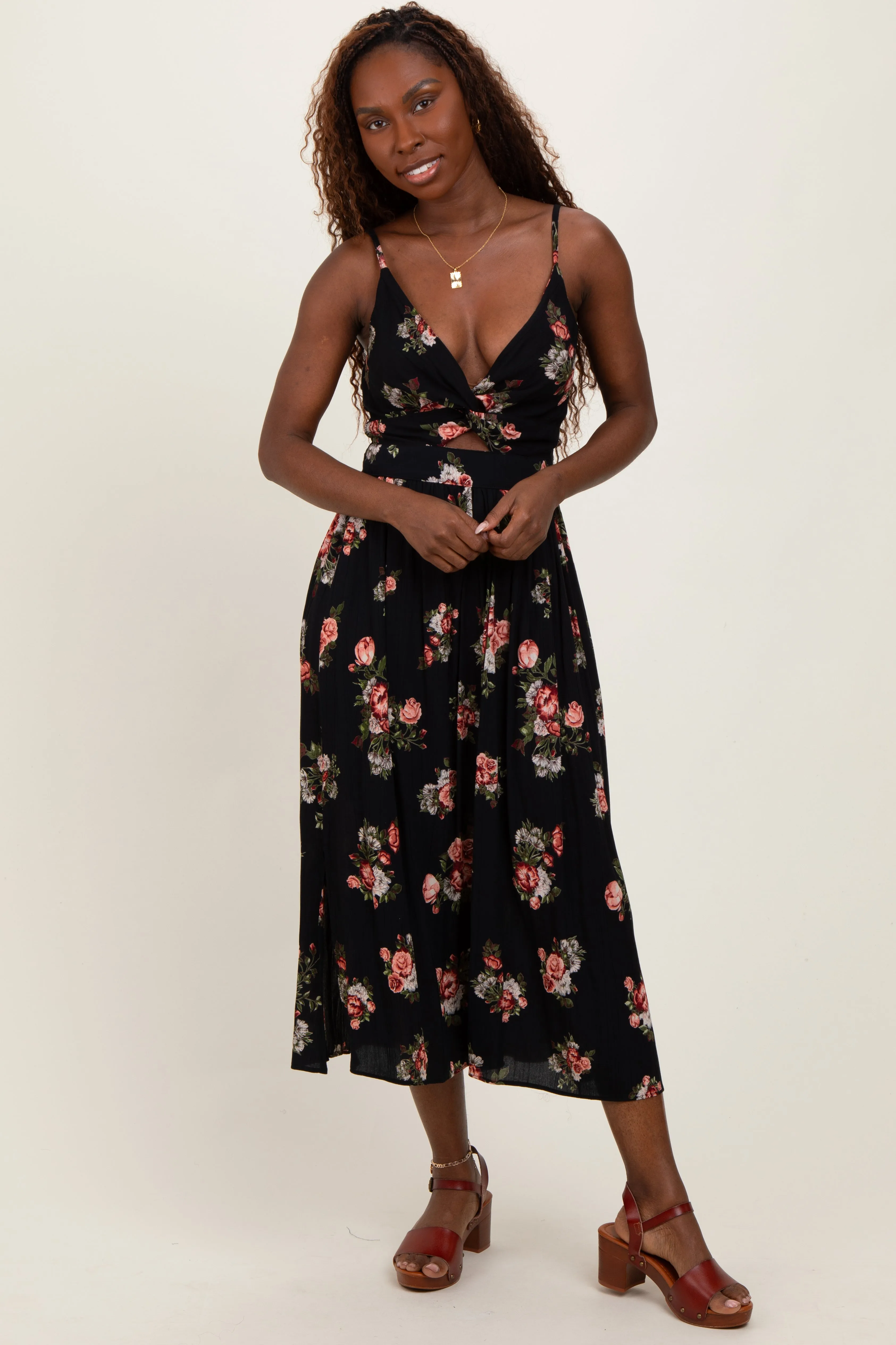 Black Rose Print Twist Front Cutout Midi Dress sold by Pinkblush
