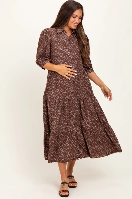 Brown Floral Tiered Maternity Shirt Midi Dress sold by Pinkblush