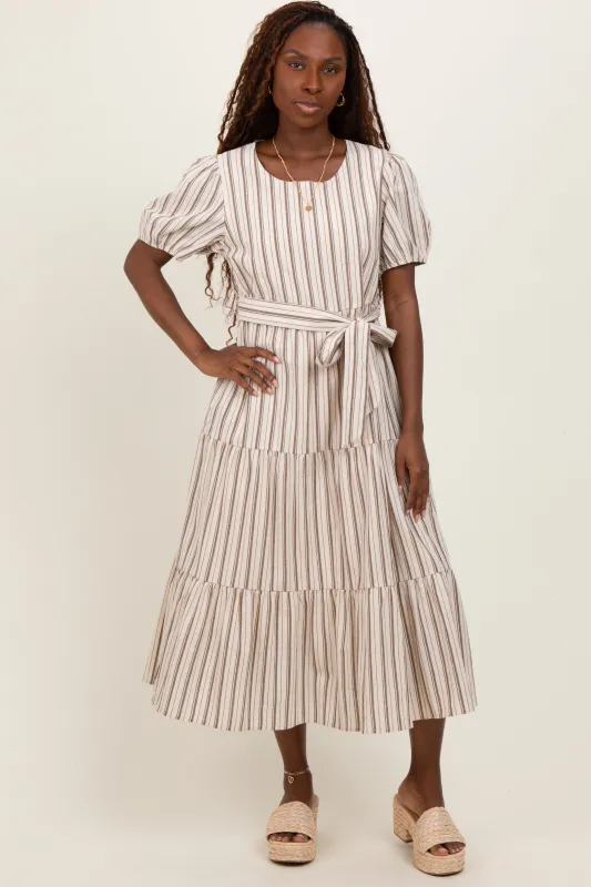 Ivory Stripe Tiered Tied Waist Midi Dress sold by Pinkblush