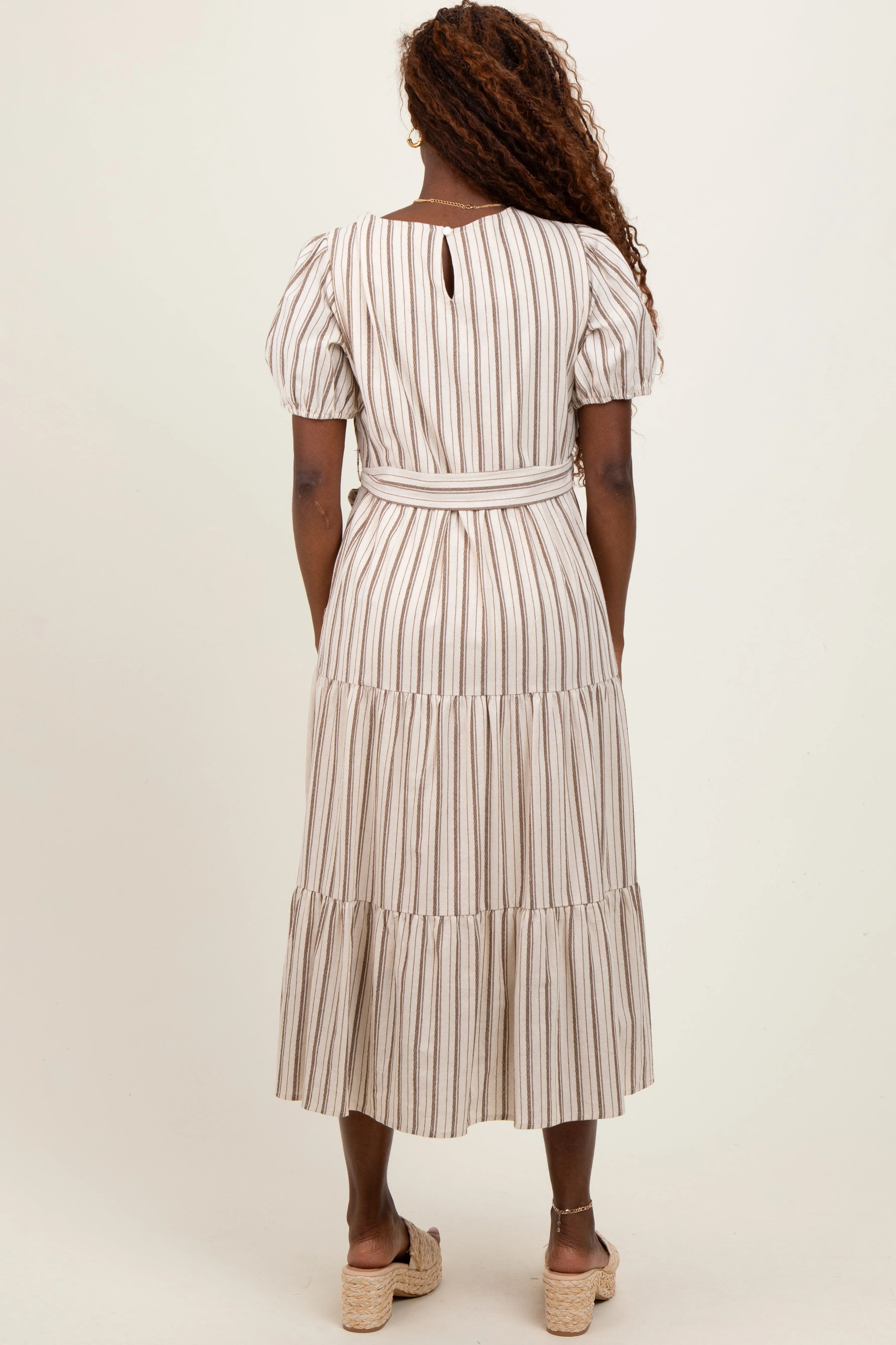 Ivory Stripe Tiered Tied Waist Midi Dress sold by Pinkblush product image thumbnail 2