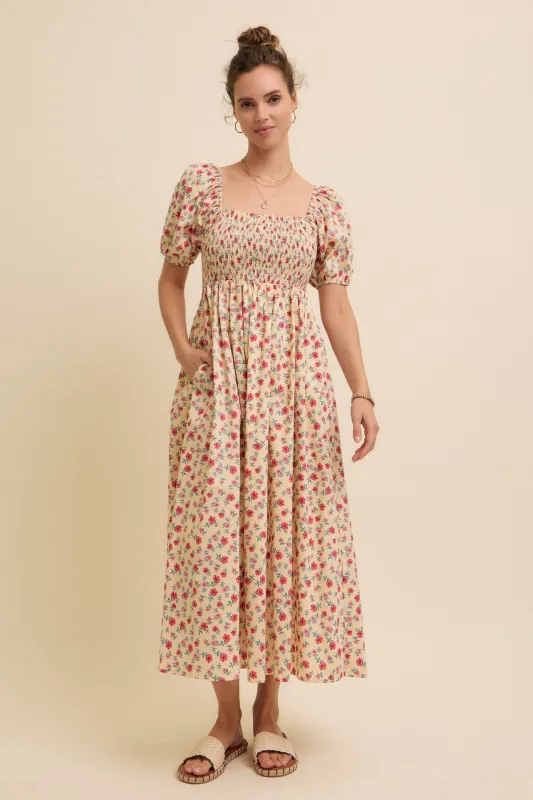 Cream Cotton Poplin Floral Smocked Midi Dress sold by Pinkblush