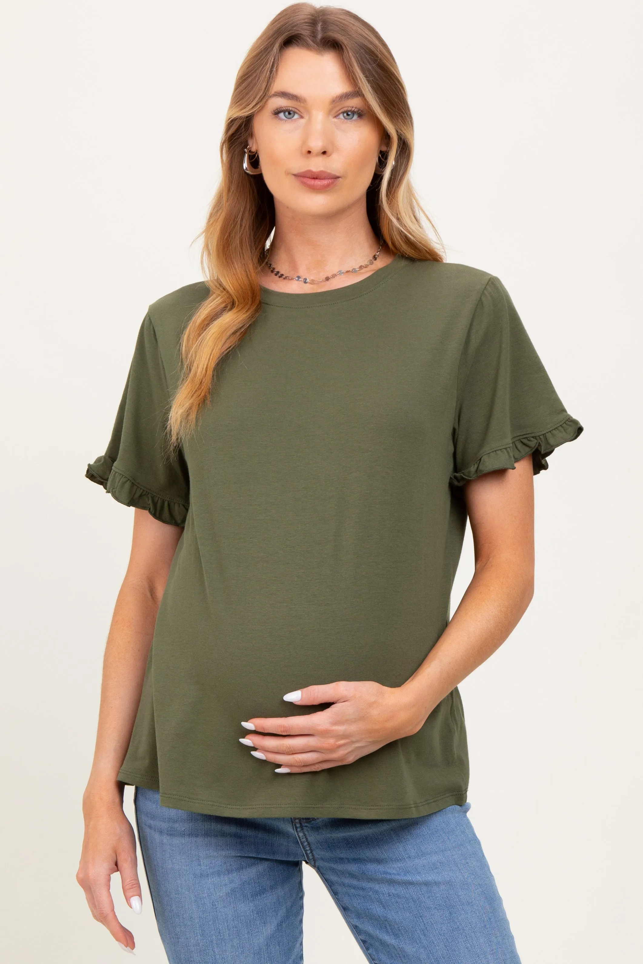 Olive Ruffle Trim Short Sleeve Maternity T-Shirt sold by Pinkblush product image thumbnail 2
