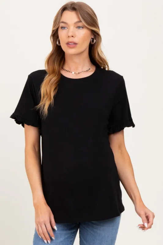 Black Ruffle Trim Short Sleeve Maternity T-Shirt sold by Pinkblush