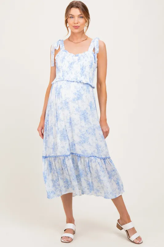 Light Blue Floral Smocked Shoulder Tie Maternity Midi Dress sold by Pinkblush
