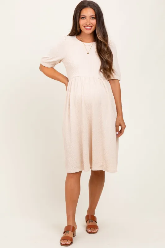 Ivory Textured Knit Puff Sleeve Maternity Midi Dress sold by Pinkblush