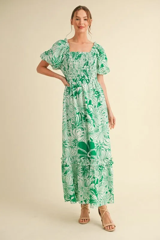Green Floral Print Smocked Bodice Maxi Dress sold by Pinkblush