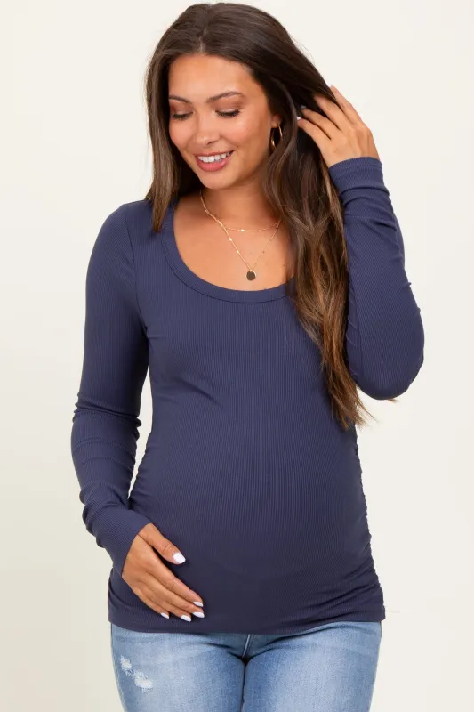 Navy Ribbed Ruched Maternity Long Sleeve Top sold by Pinkblush