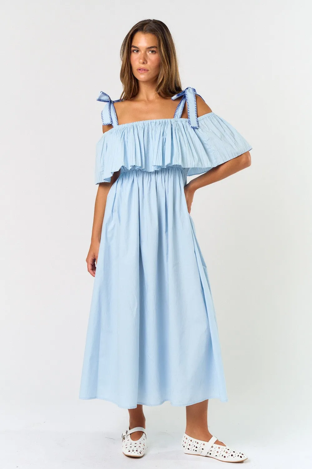 Light Blue Shoulder Tie Flounce Midi Dress sold by Pinkblush product image thumbnail 2