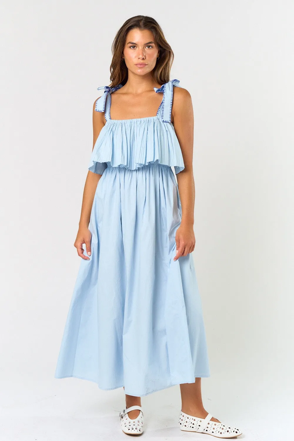 Light Blue Shoulder Tie Flounce Midi Dress sold by Pinkblush