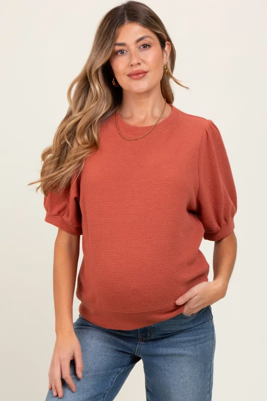 Rust Knit Maternity Puff Sleeve Top sold by Pinkblush