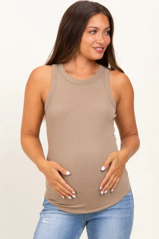 Light Taupe Ribbed Basic Crew Neck Maternity Tank sold by Pinkblush