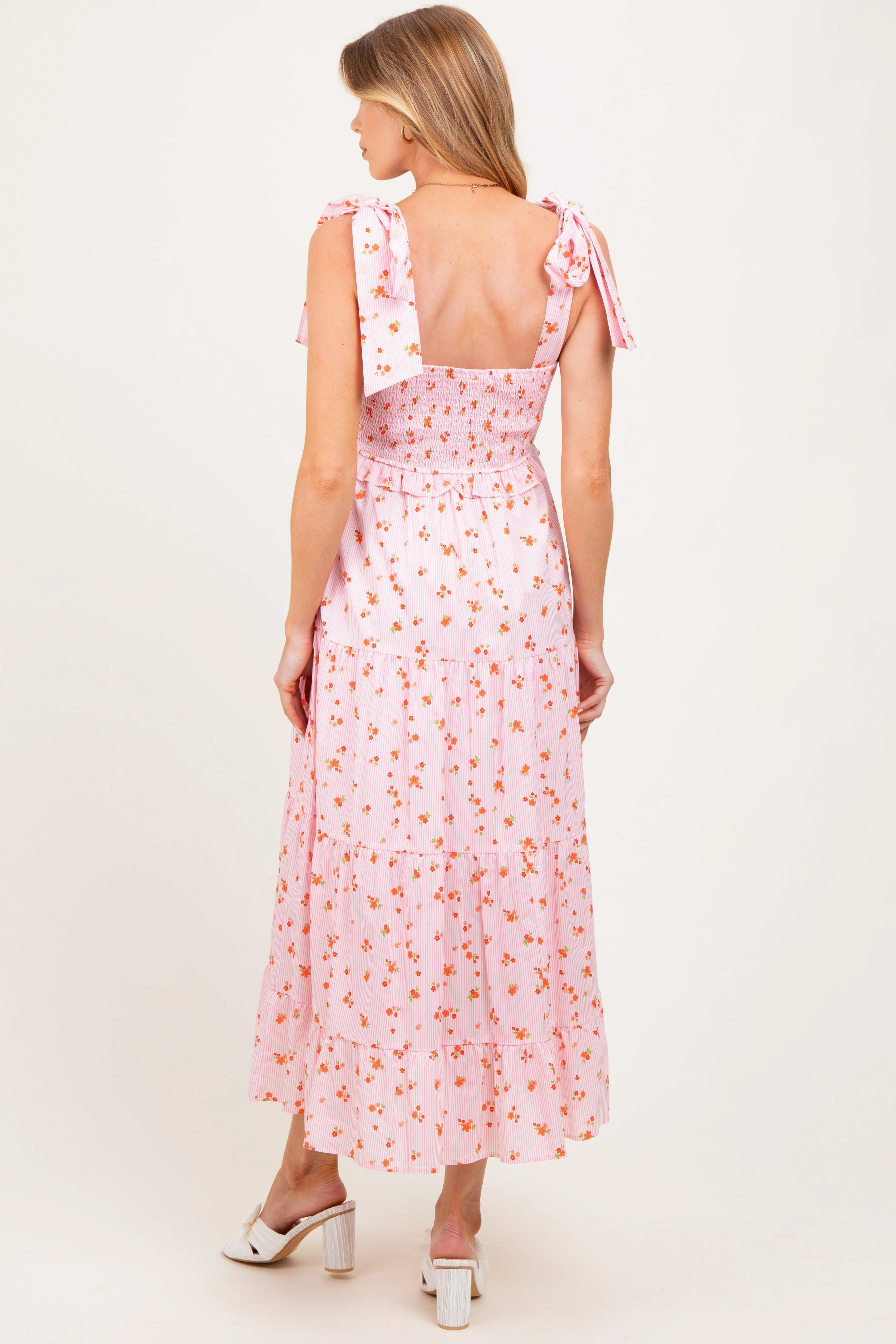 Light Pink Floral Striped Smocked Shoulder Tie Maternity Maxi Dress sold by Pinkblush product image thumbnail 3