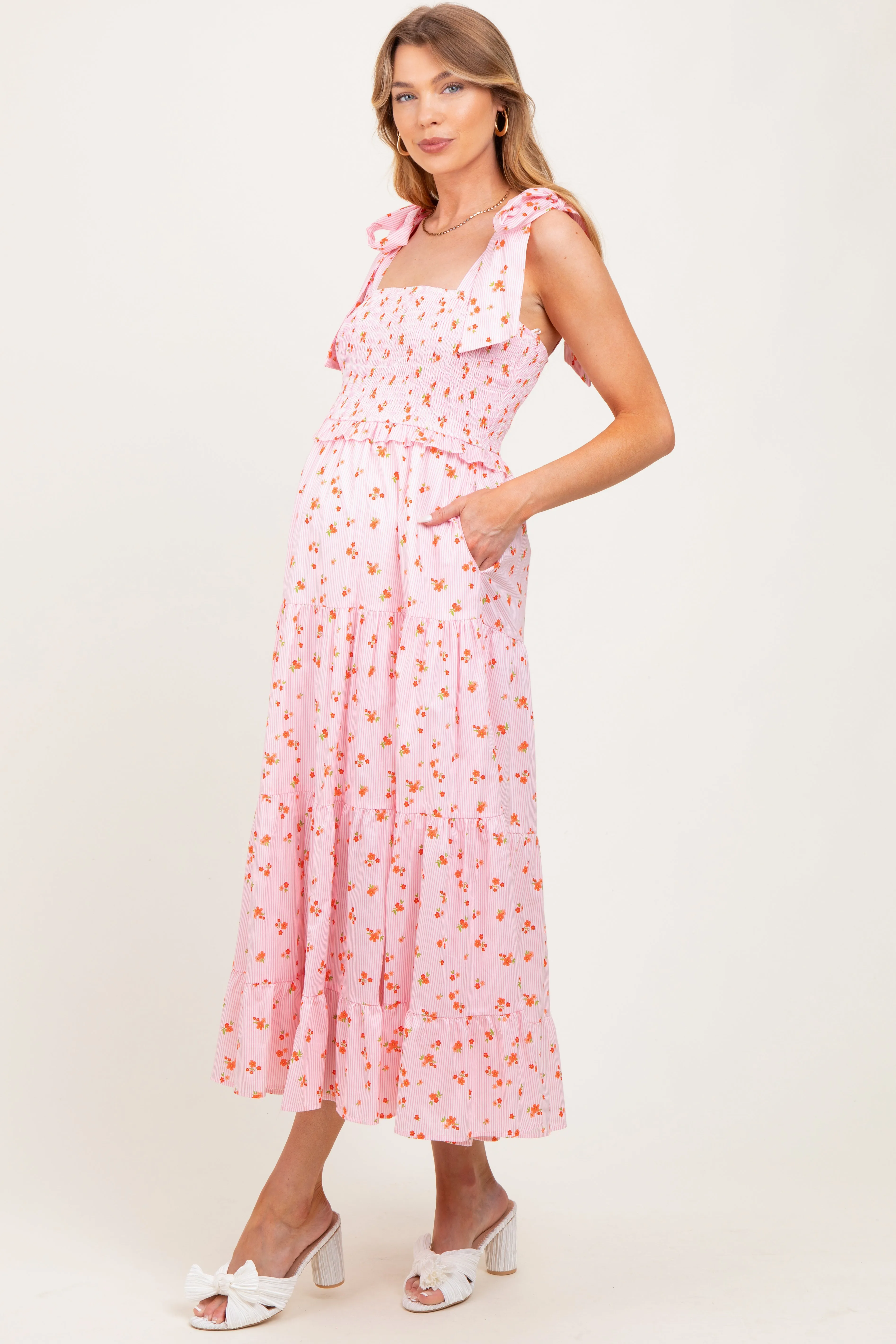 Light Pink Floral Striped Smocked Shoulder Tie Maternity Maxi Dress sold by Pinkblush product image thumbnail 2