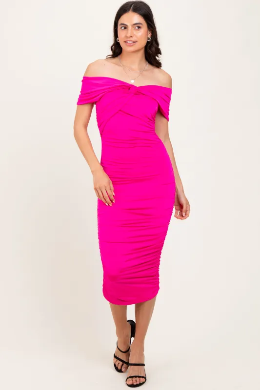 Fuchsia Knotted Off Shoulder Ruched Midi Dress sold by Pinkblush