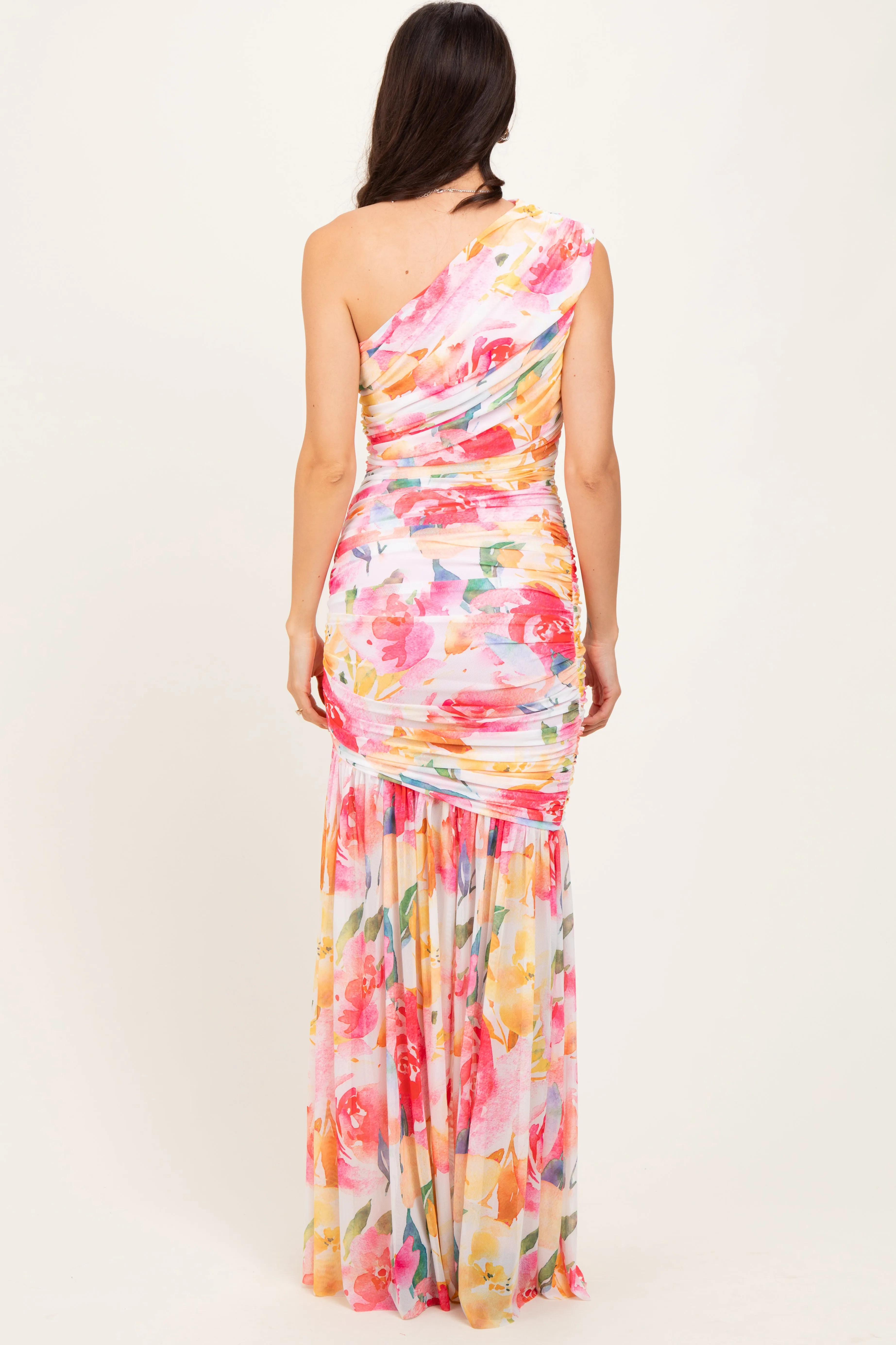 Pink Floral Ruched Mesh One Shoulder Maxi Dress sold by Pinkblush product image thumbnail 4