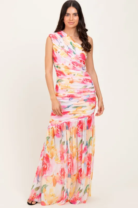 Pink Floral Ruched Mesh One Shoulder Maxi Dress sold by Pinkblush
