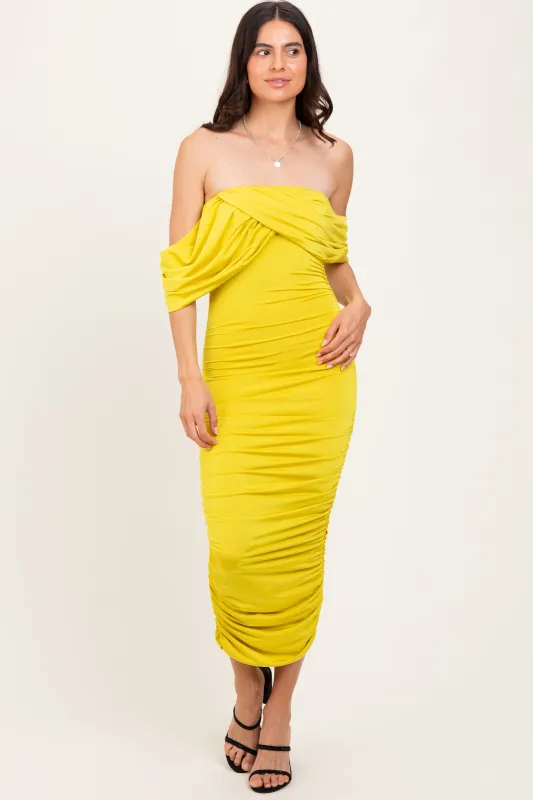 Lime Off Shoulder Draped Ruched Midi Dress sold by Pinkblush