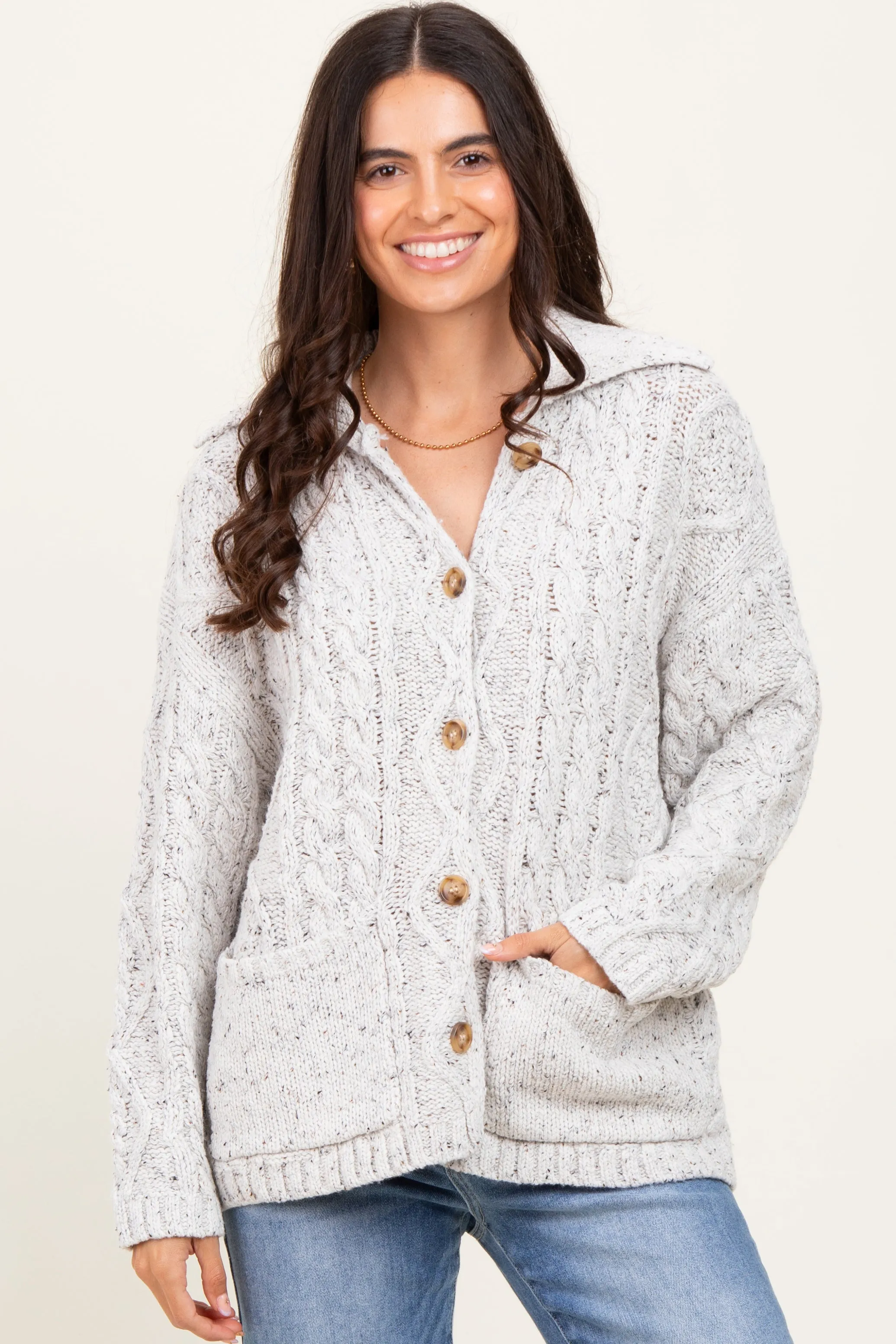 Heather Grey Cable Knit Collared Button Up Cardigan sold by Pinkblush