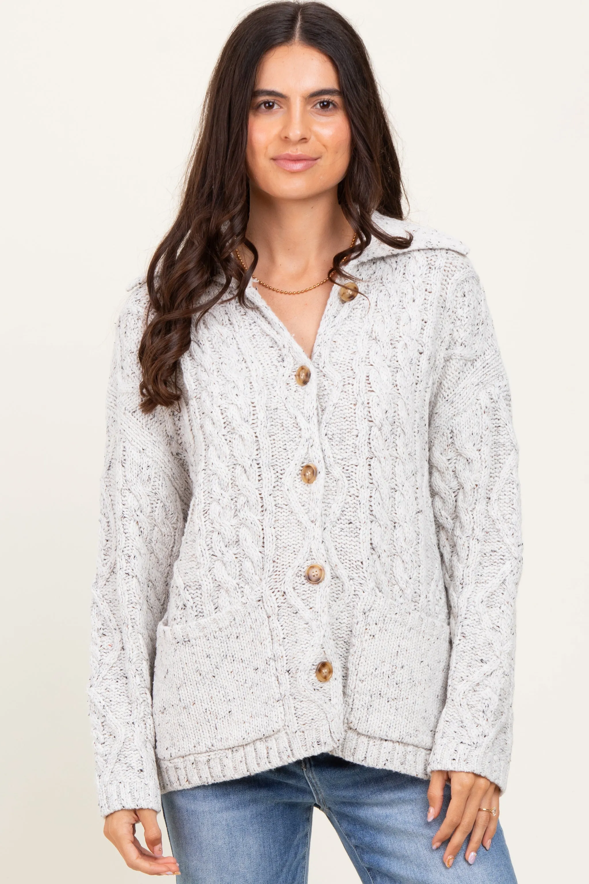 Heather Grey Cable Knit Collared Button Up Cardigan sold by Pinkblush product image thumbnail 2