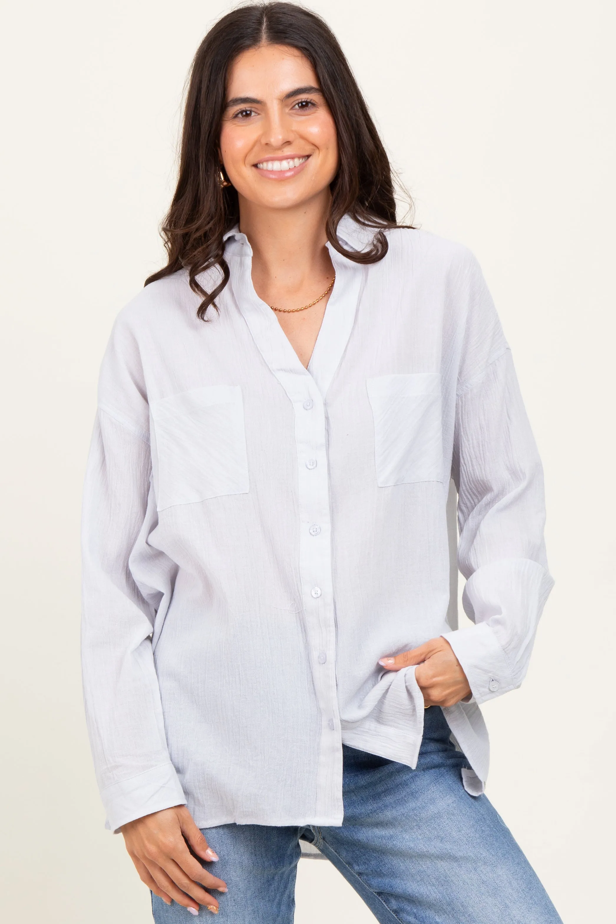 Light Grey Cotton Gauze Oversized Button Down Shirt sold by Pinkblush