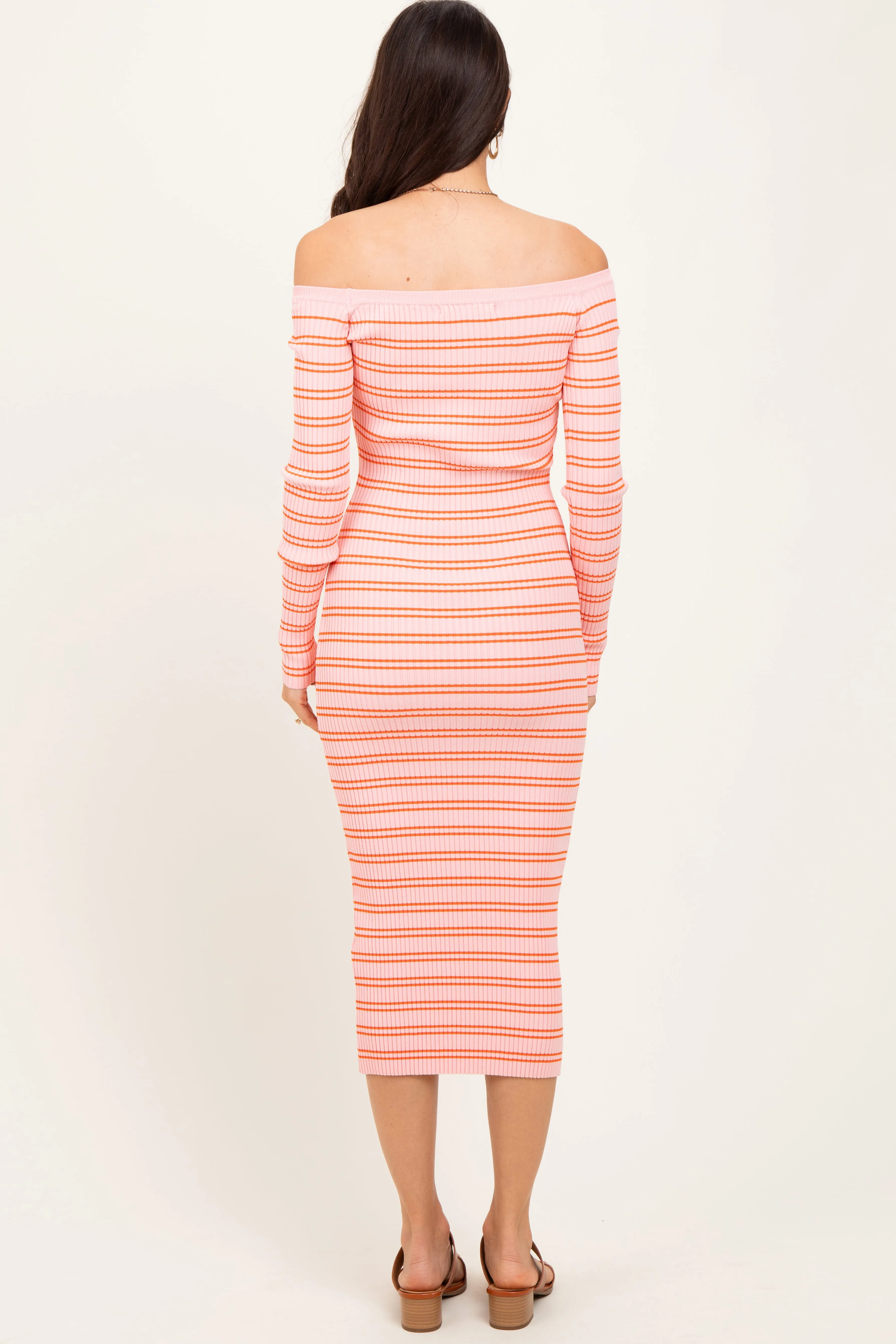 Peach Striped Ribbed Button Accent Off Shoulder Dress sold by Pinkblush product image thumbnail 4