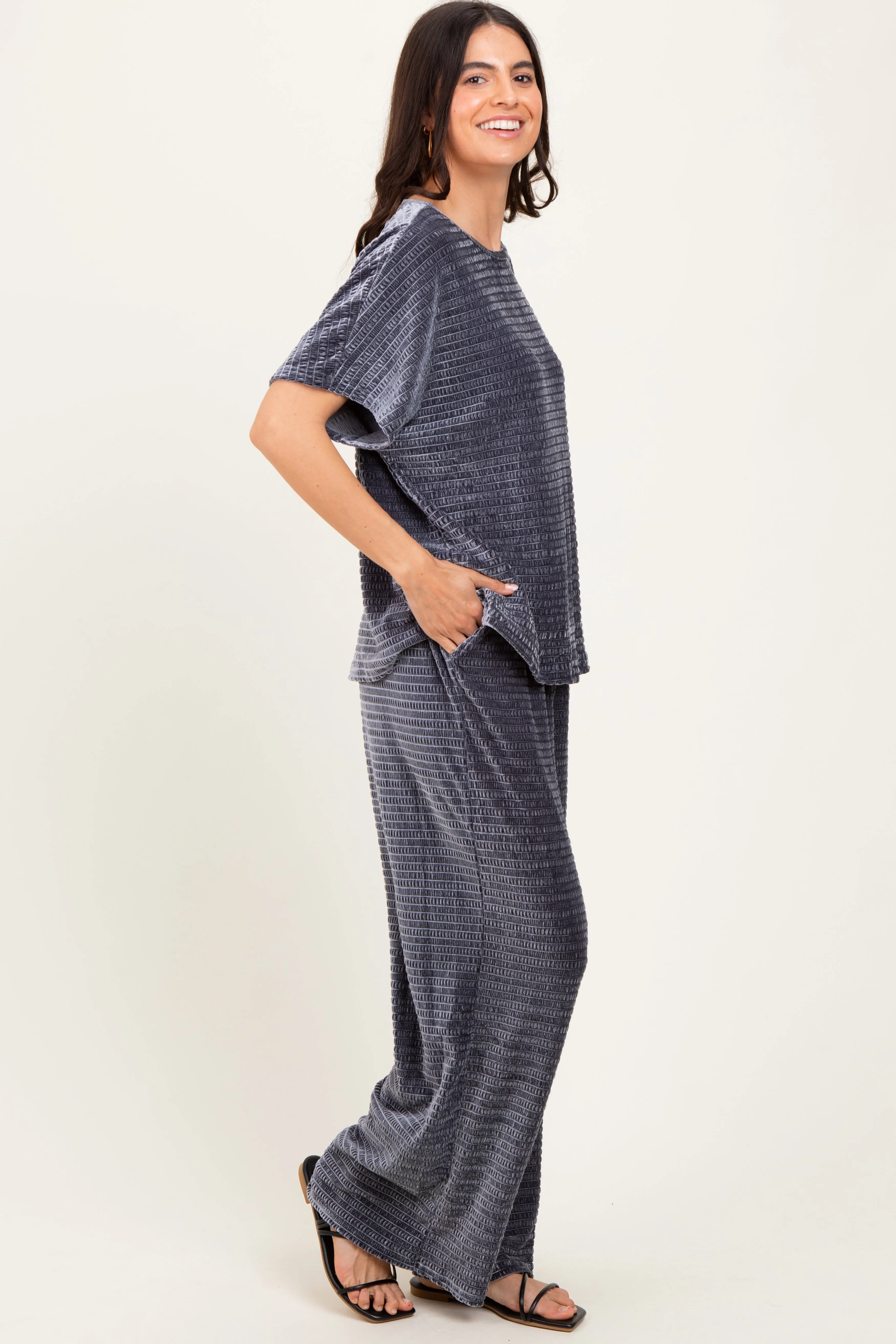 Gray Blue Textured Velvet Lounge Pant Set sold by Pinkblush product image thumbnail 2