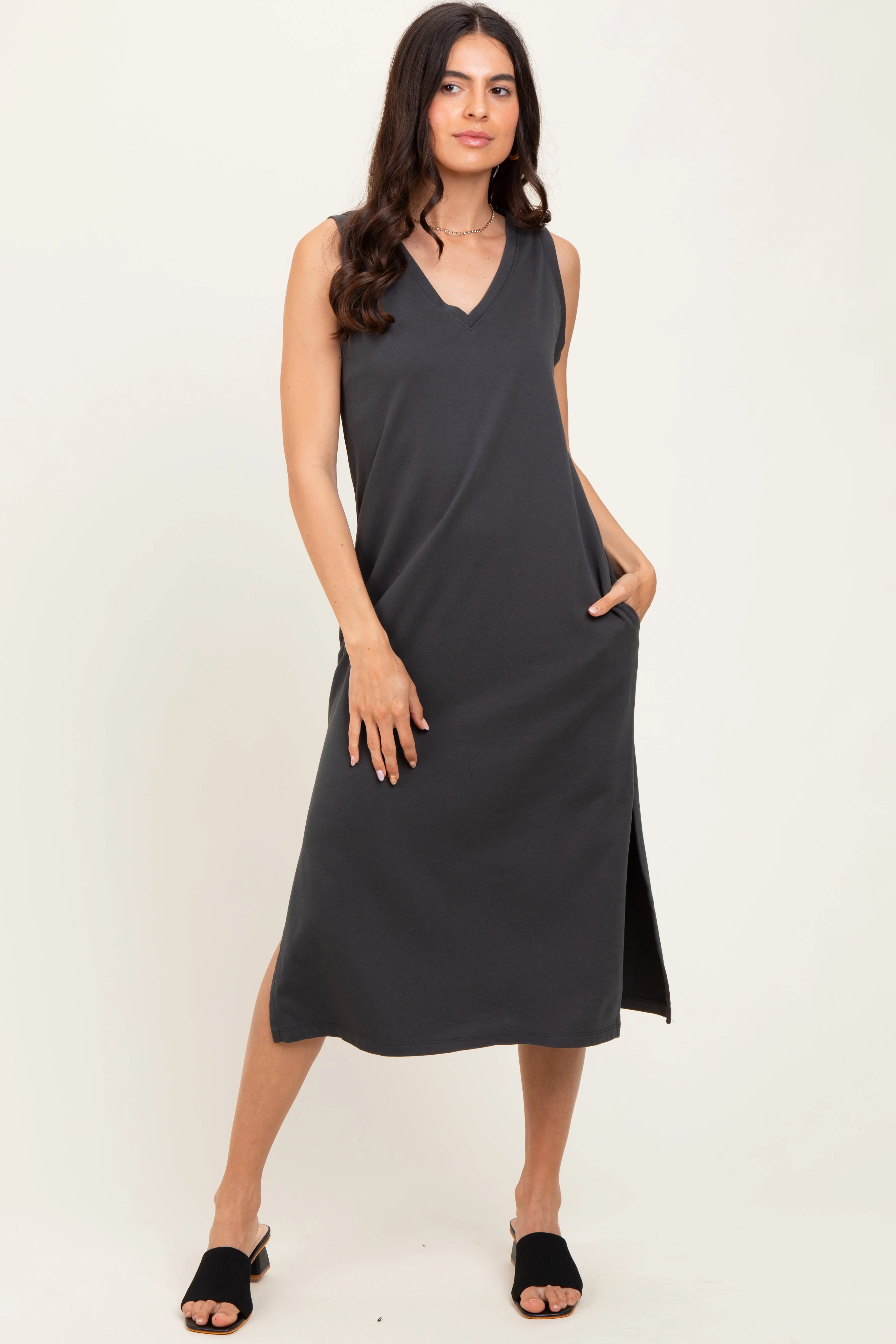 Charcoal V-Neck Sleeveless Side Slit Midi Dress sold by Pinkblush
