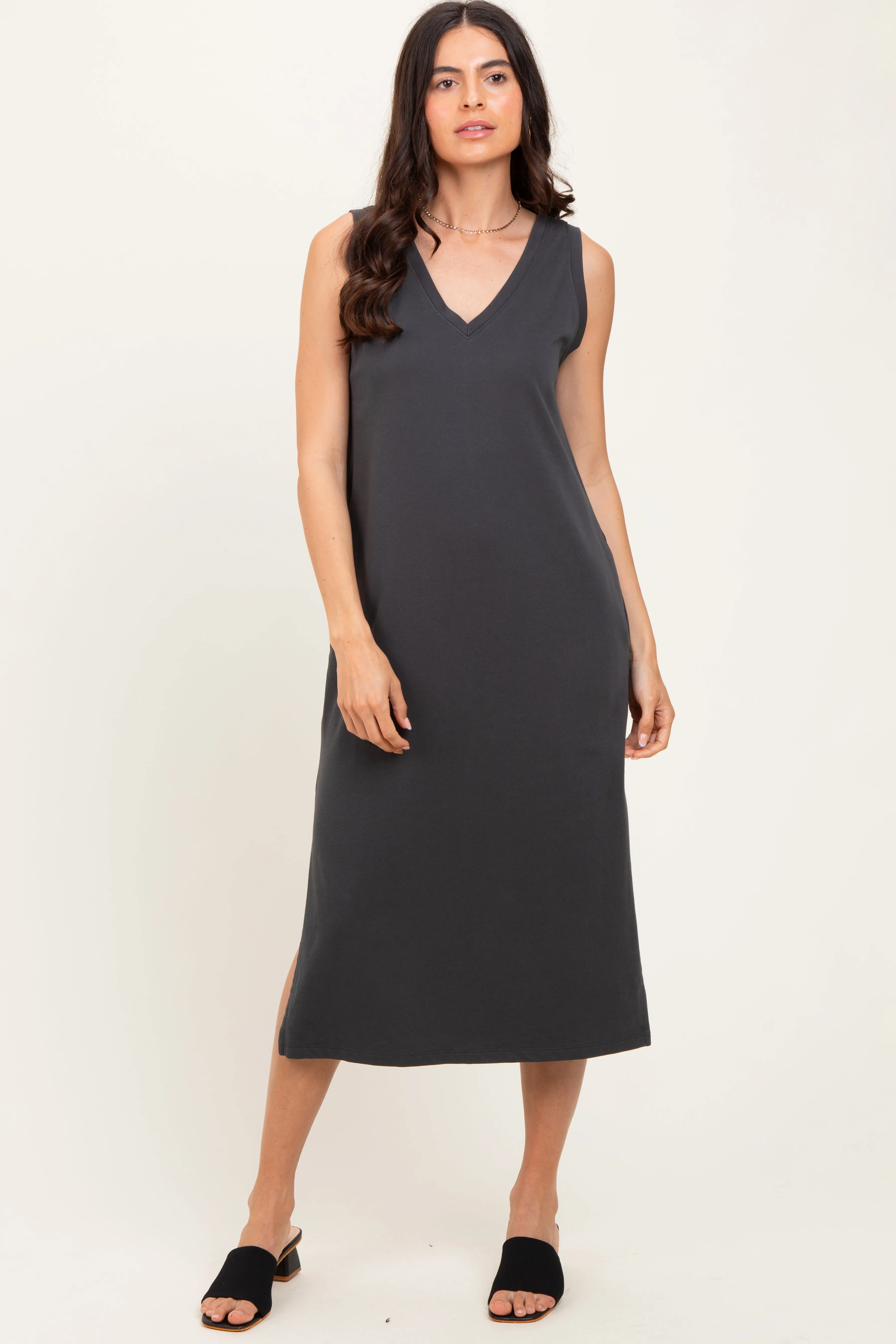 Charcoal V-Neck Sleeveless Side Slit Midi Dress sold by Pinkblush product image thumbnail 2