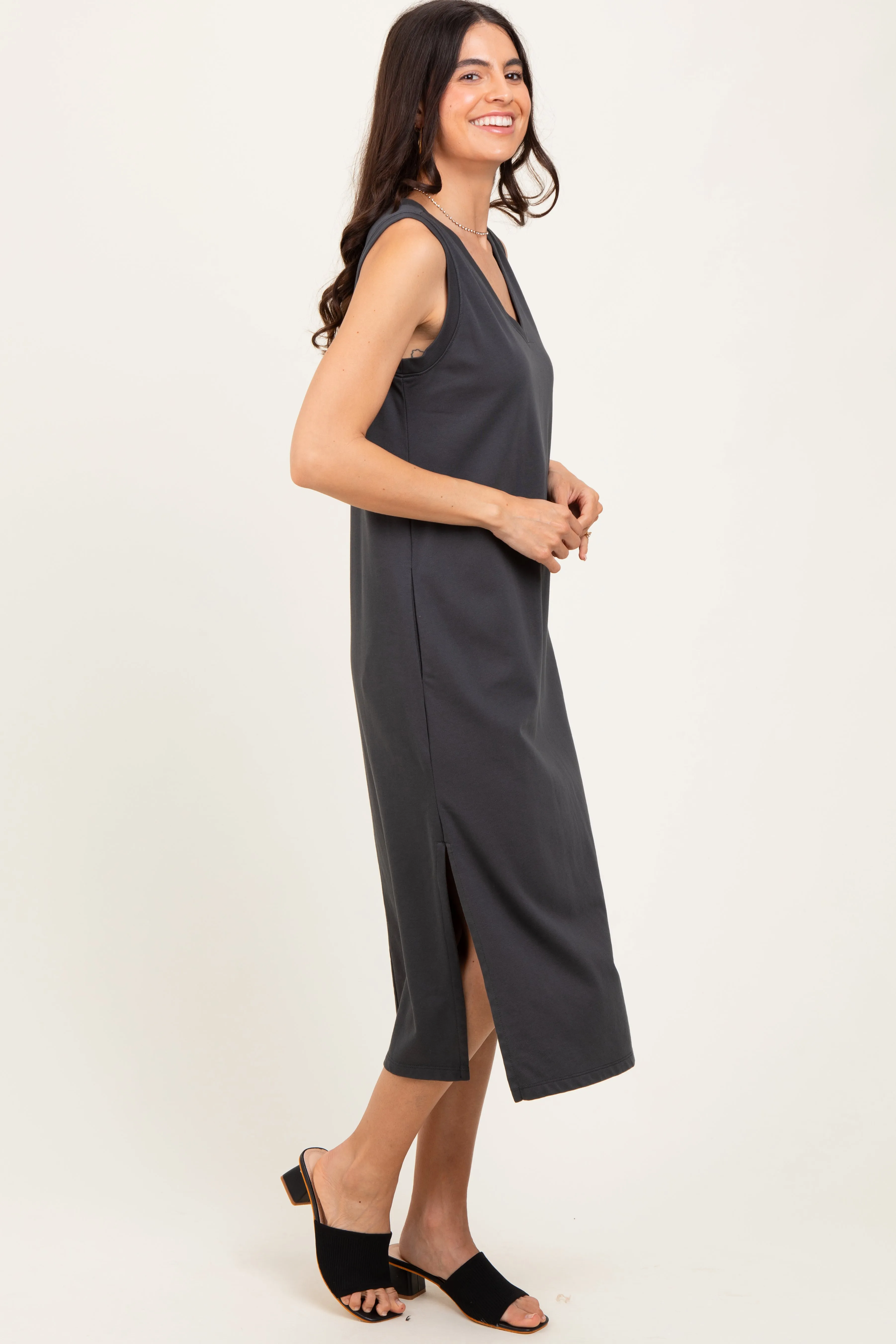 Charcoal V-Neck Sleeveless Side Slit Midi Dress sold by Pinkblush product image thumbnail 3