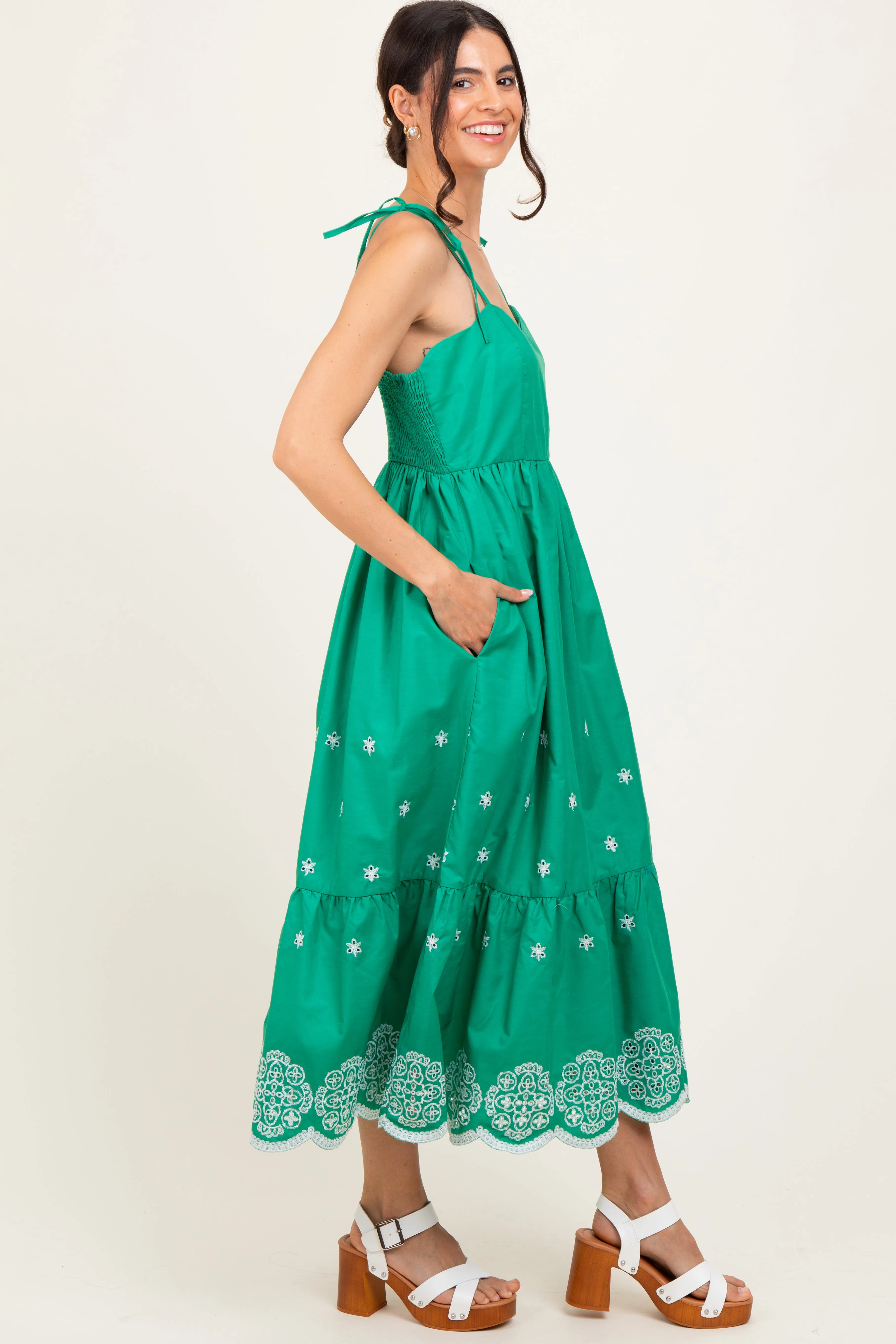 Green Embroidered Shoulder Tie Midi Dress sold by Pinkblush product image thumbnail 3