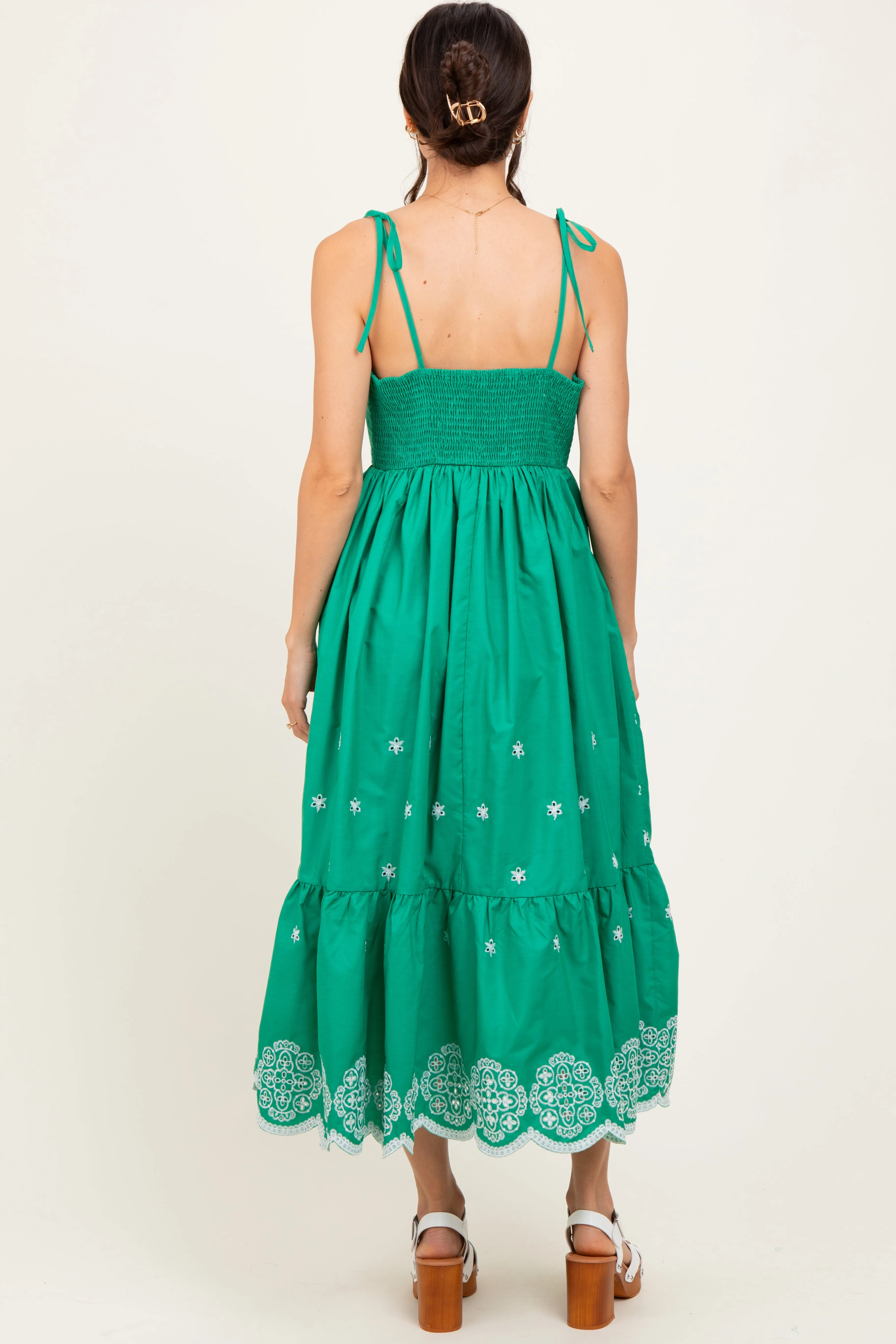 Green Embroidered Shoulder Tie Midi Dress sold by Pinkblush product image thumbnail 4