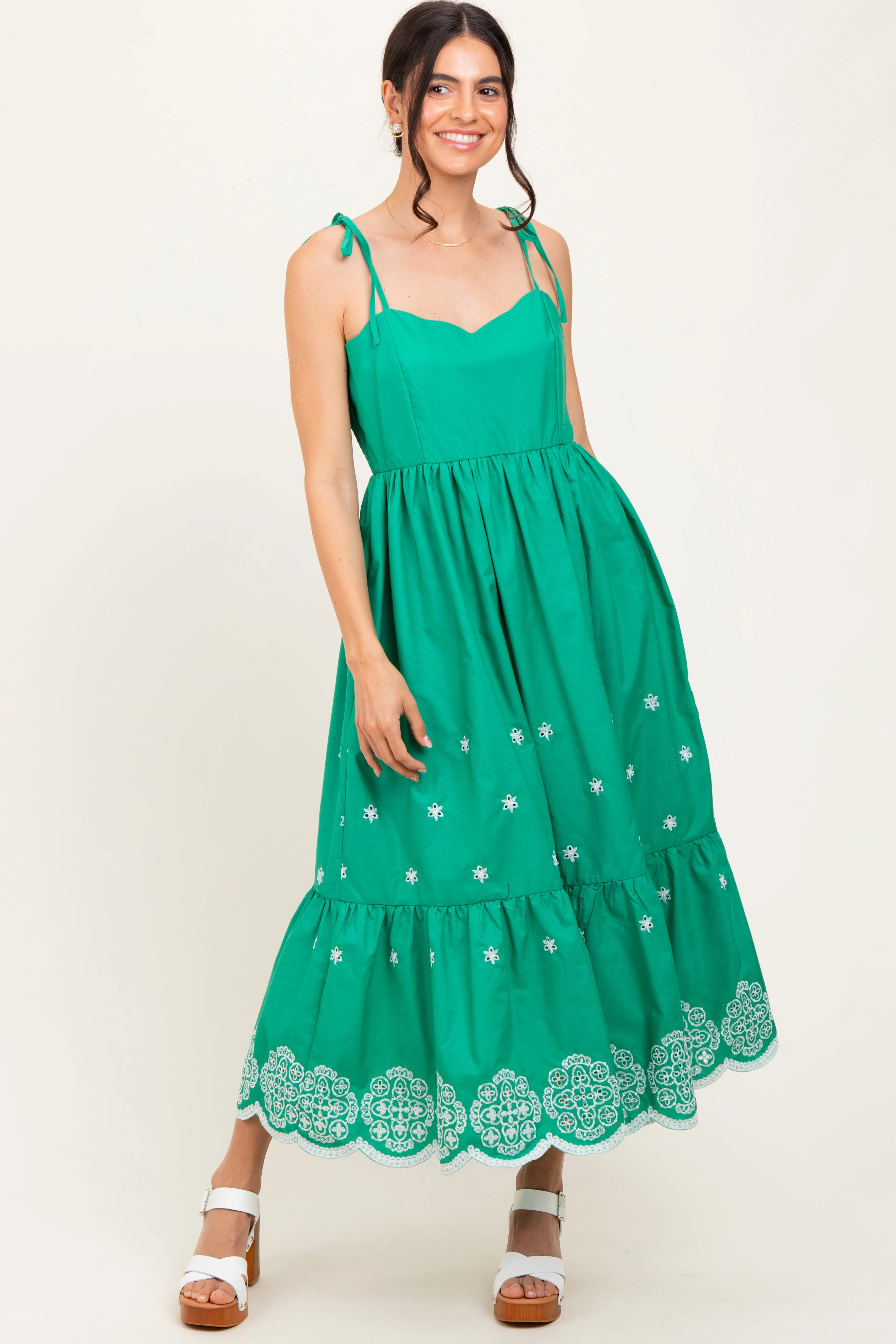 Green Embroidered Shoulder Tie Midi Dress sold by Pinkblush