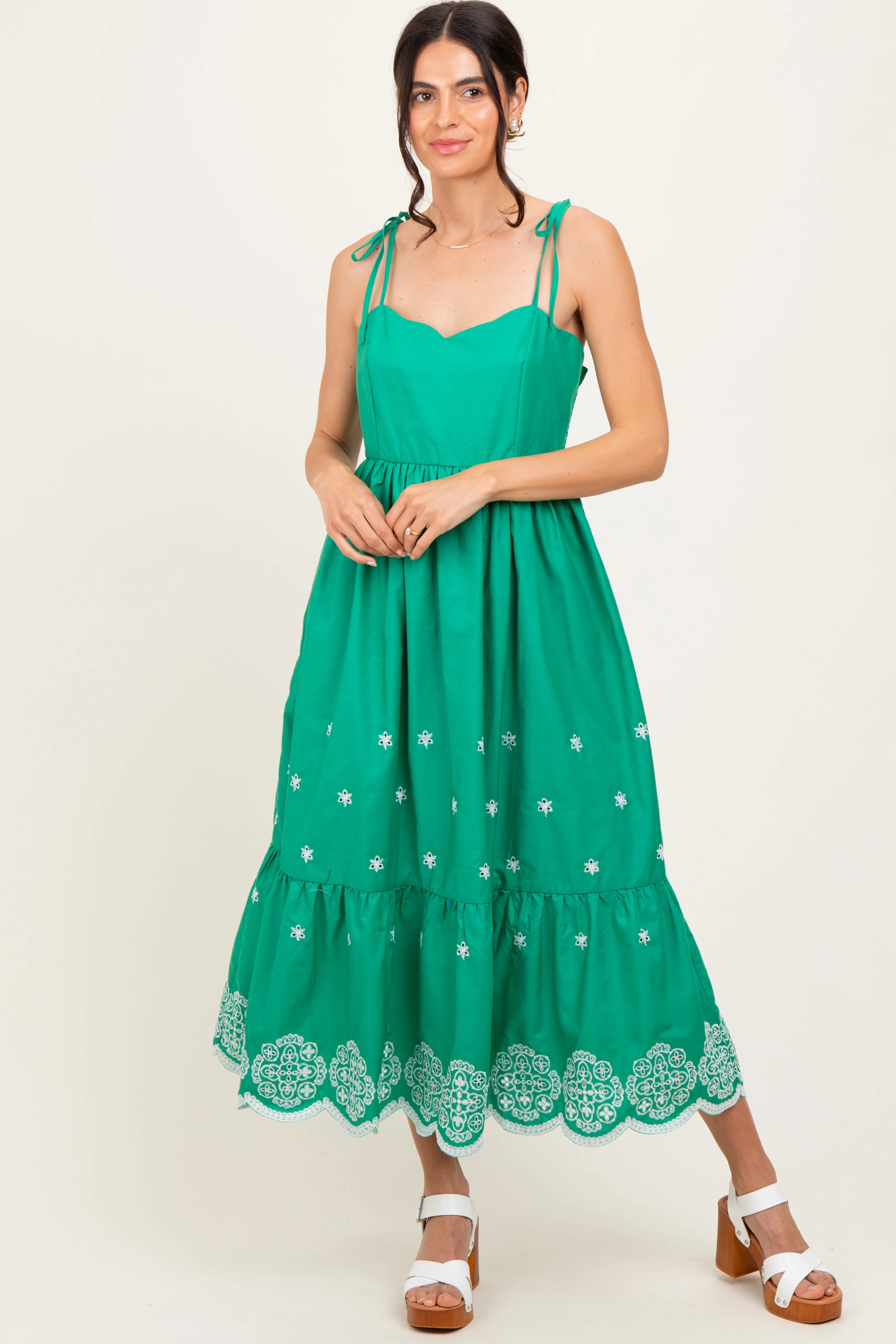 Green Embroidered Shoulder Tie Midi Dress sold by Pinkblush product image thumbnail 2