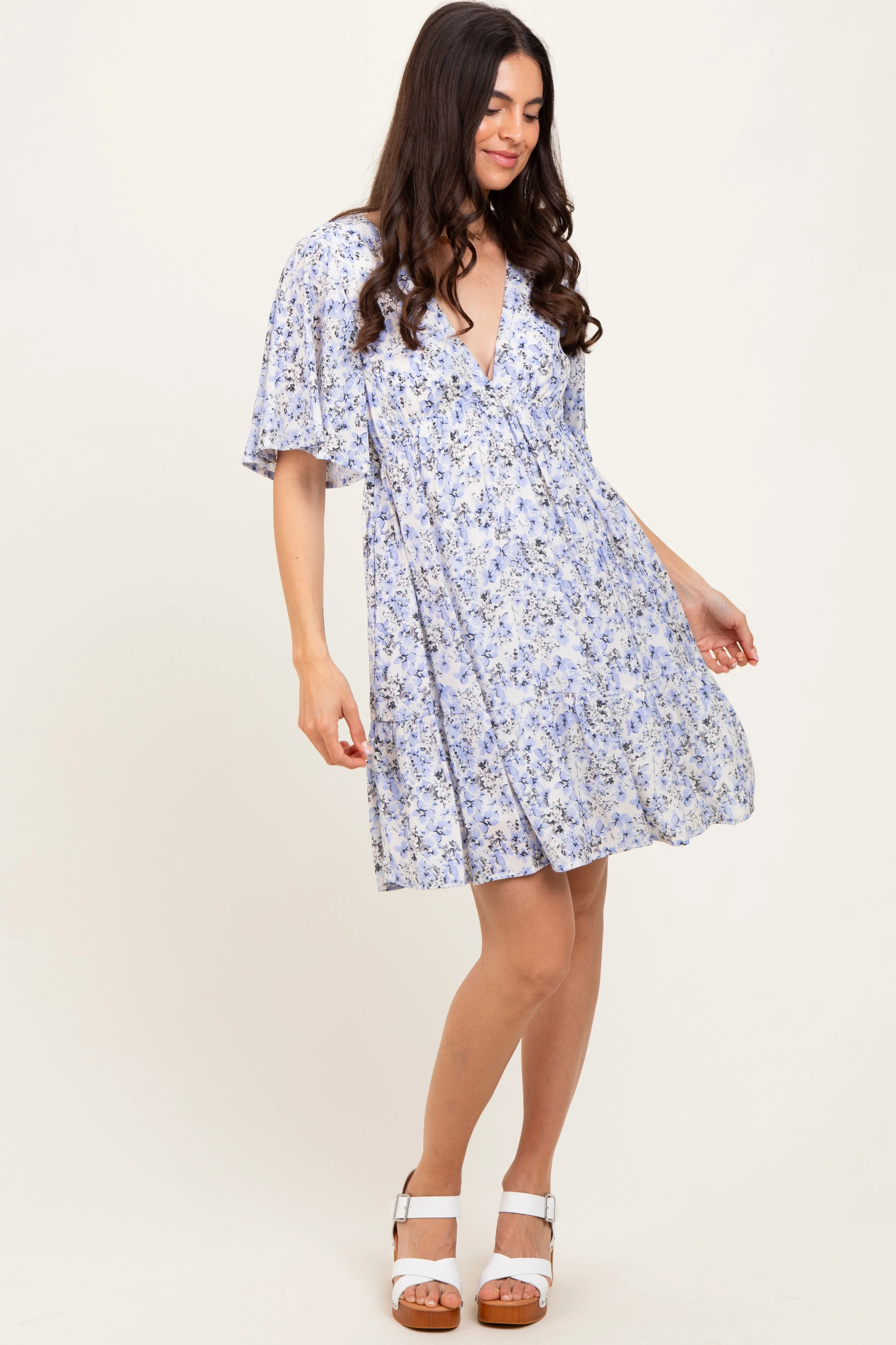 Periwinkle Floral V-Neck Flutter Sleeve Mini Dress sold by Pinkblush product image thumbnail 2