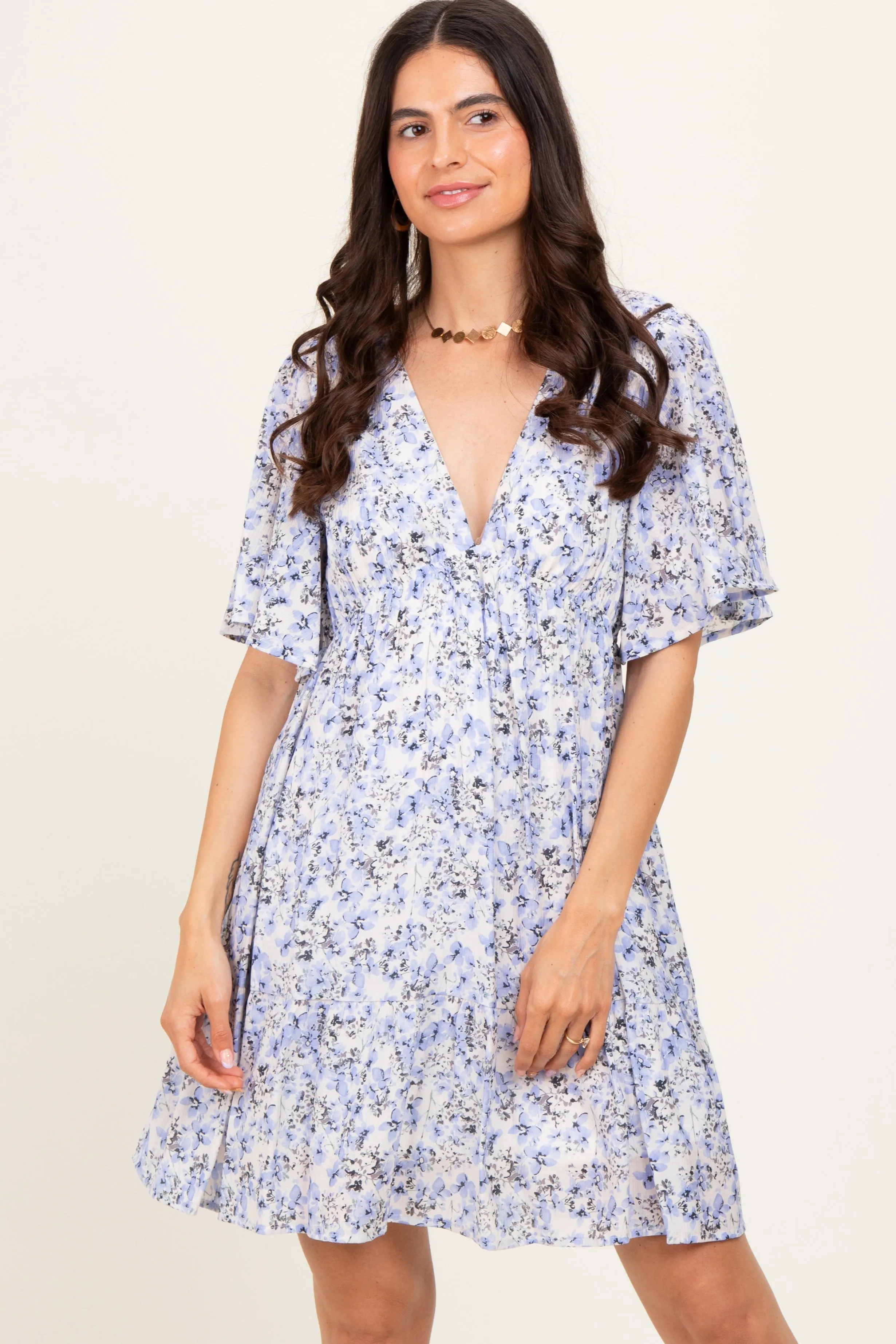 Periwinkle Floral V-Neck Flutter Sleeve Mini Dress sold by Pinkblush