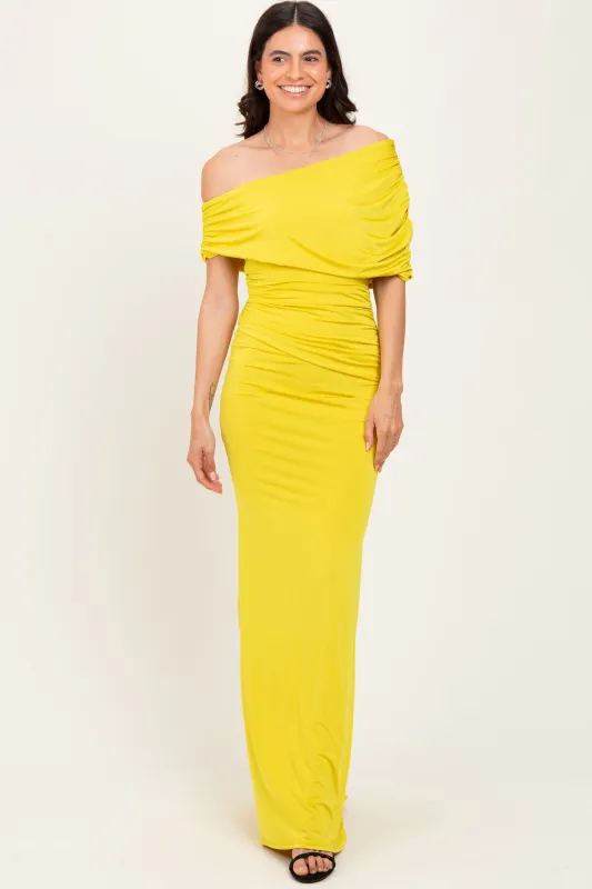 Lime Off Shoulder Foldover Ruched Maxi Dress sold by Pinkblush
