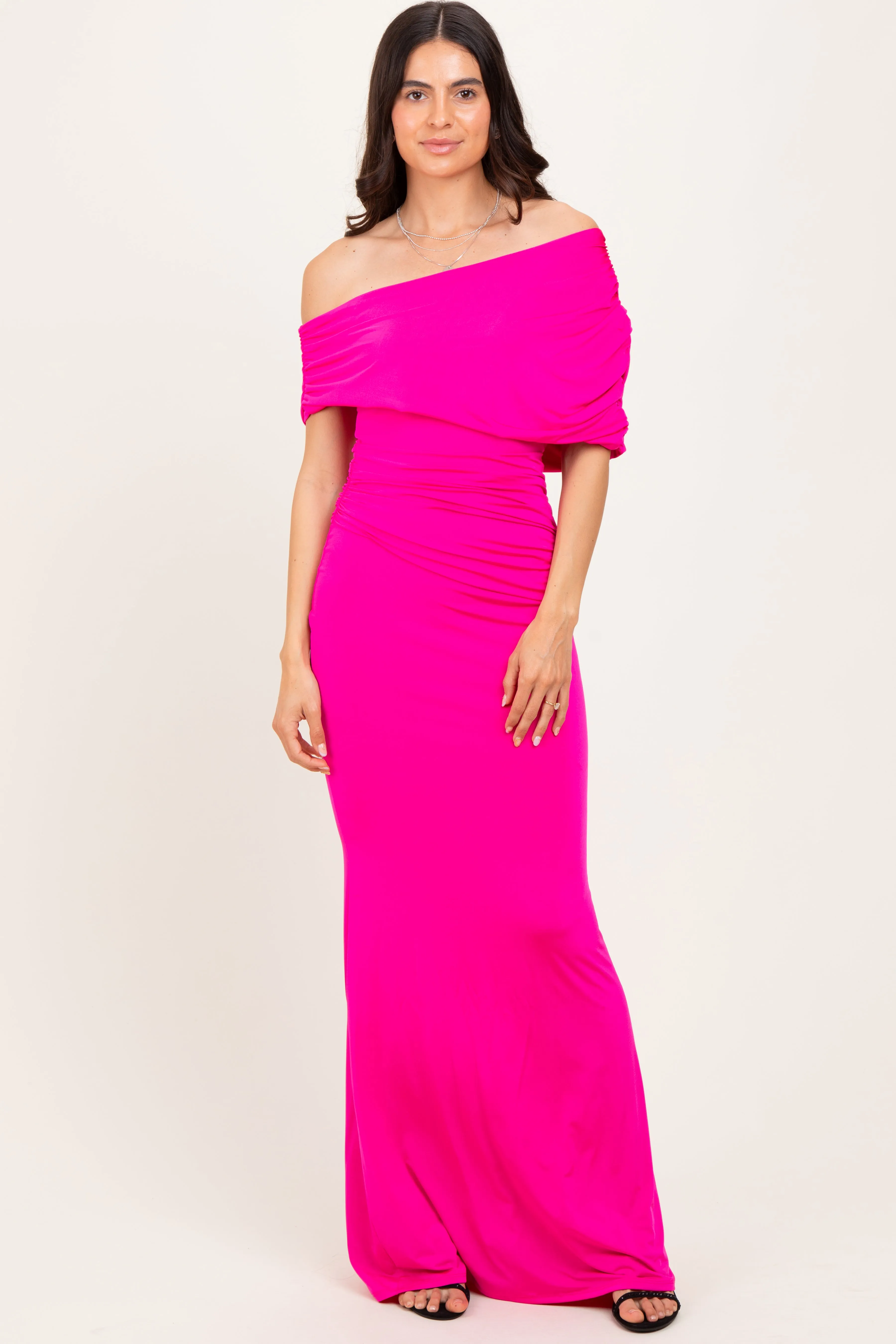 Pink Off Shoulder Foldover Ruched Maxi Dress sold by Pinkblush