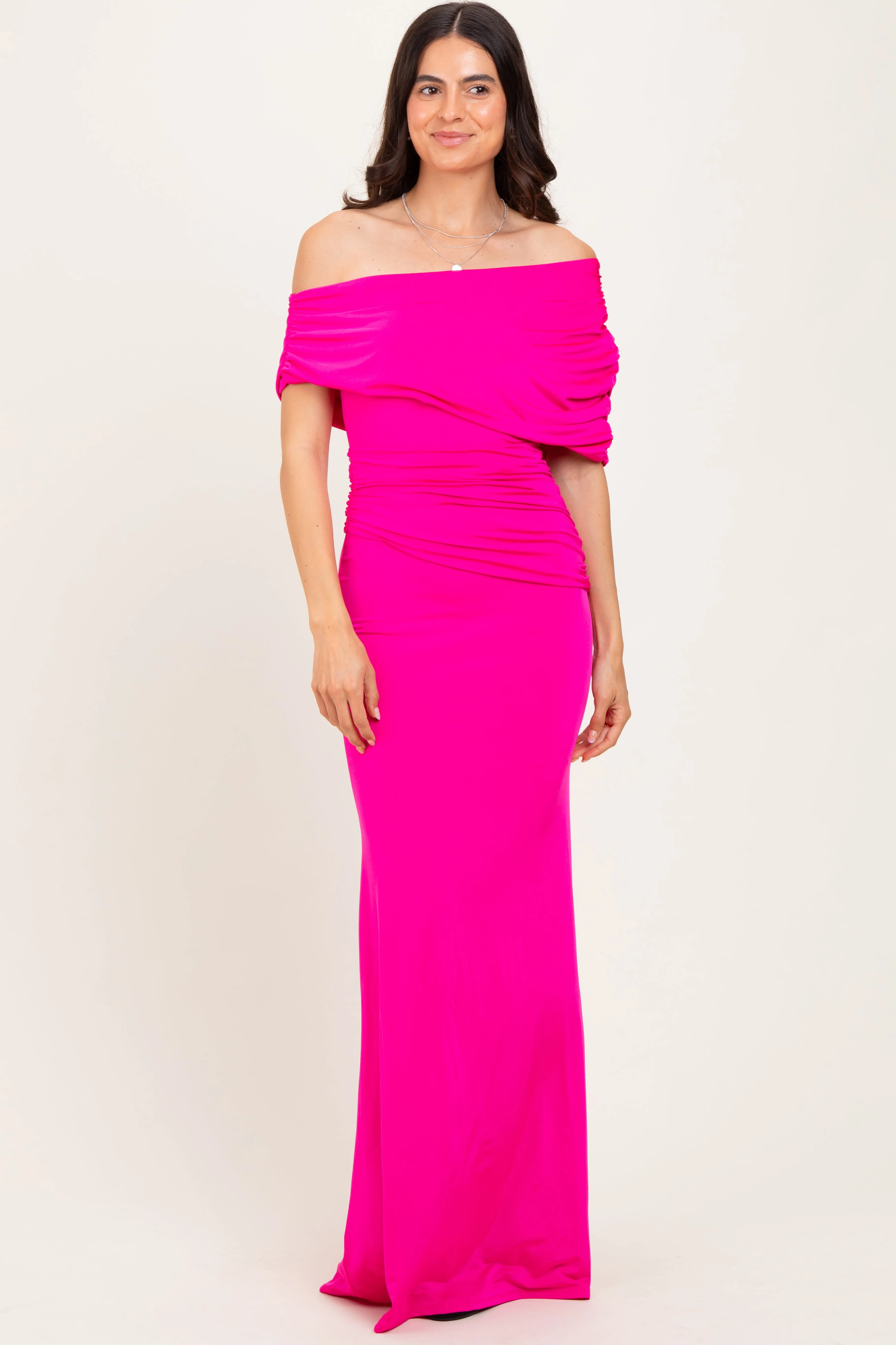 Pink Off Shoulder Foldover Ruched Maxi Dress sold by Pinkblush product image thumbnail 2