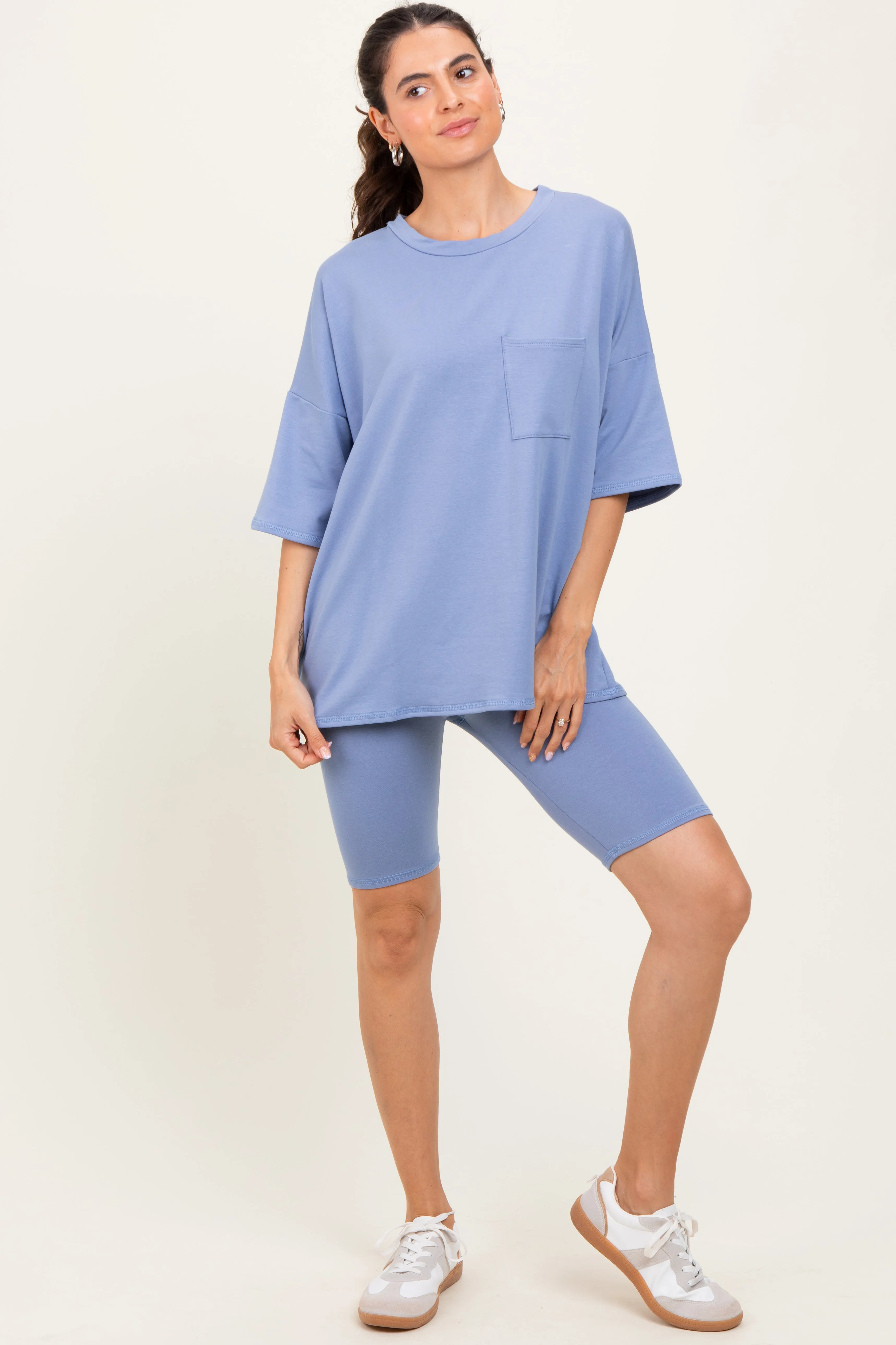 Blue Oversized Short Sleeve Biker Short Set sold by Pinkblush