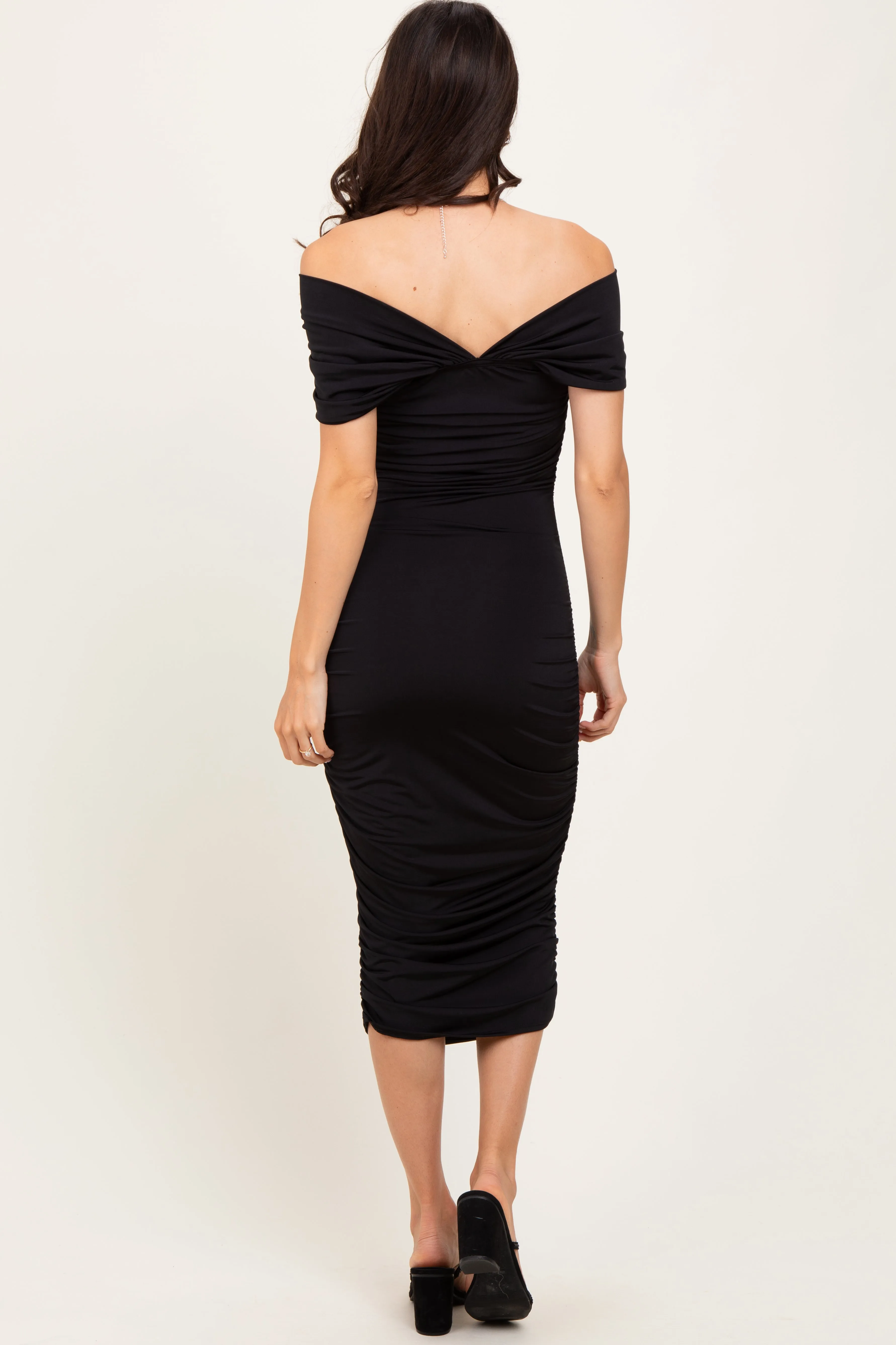 Black Knotted Off Shoulder Ruched Midi Dress sold by Pinkblush product image thumbnail 4