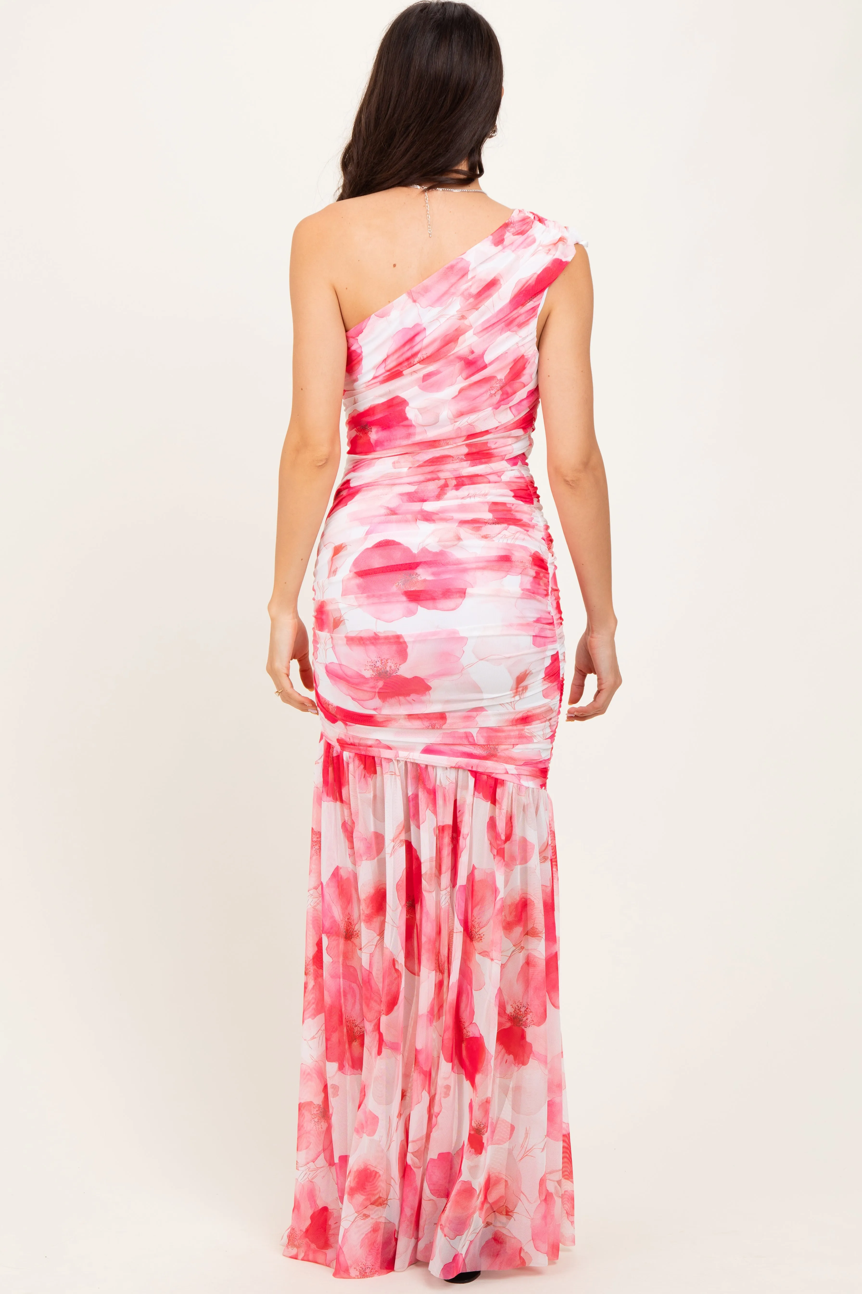 Fuchsia Floral Ruched Mesh One Shoulder Maxi Dress sold by Pinkblush product image thumbnail 4