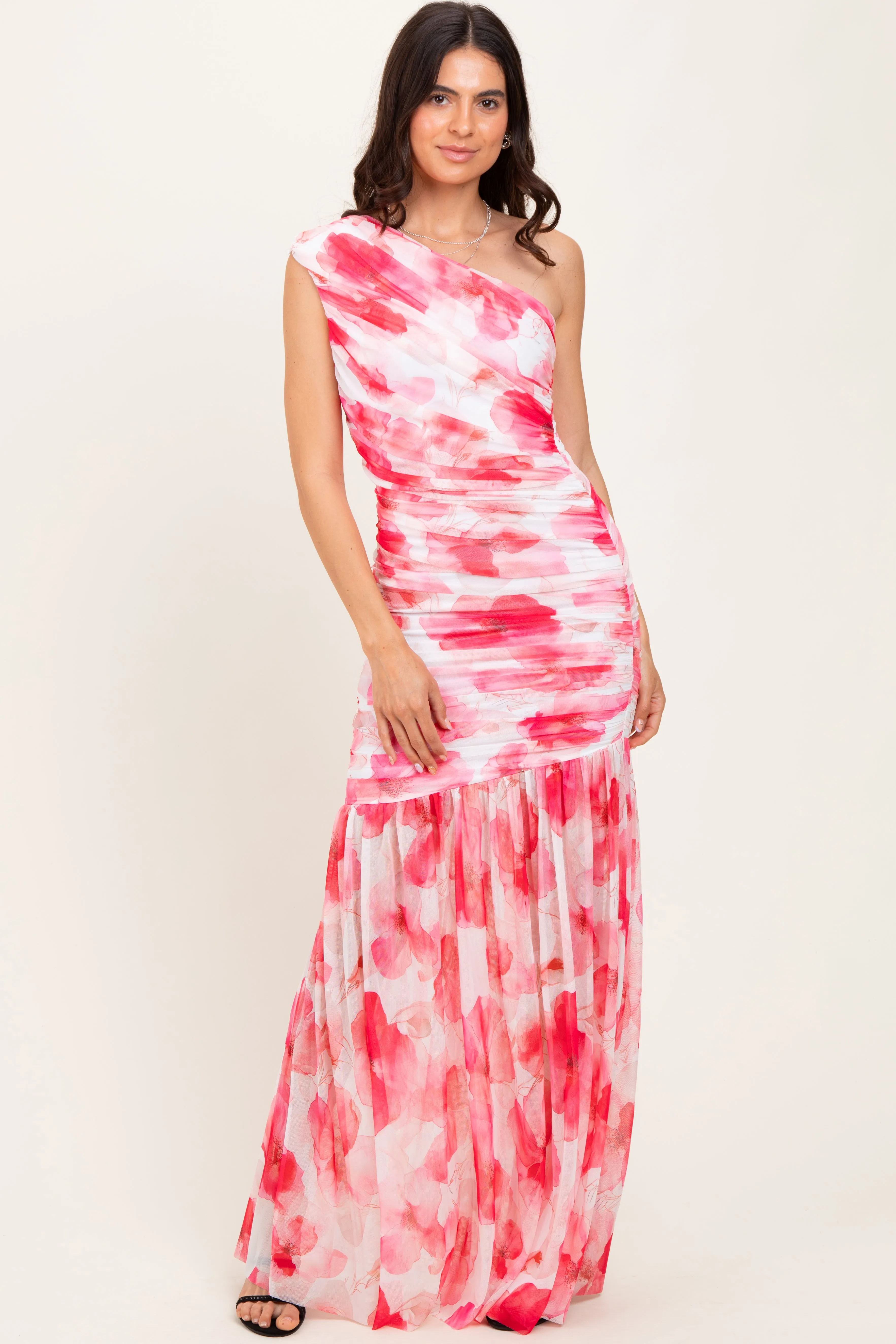 Fuchsia Floral Ruched Mesh One Shoulder Maxi Dress sold by Pinkblush