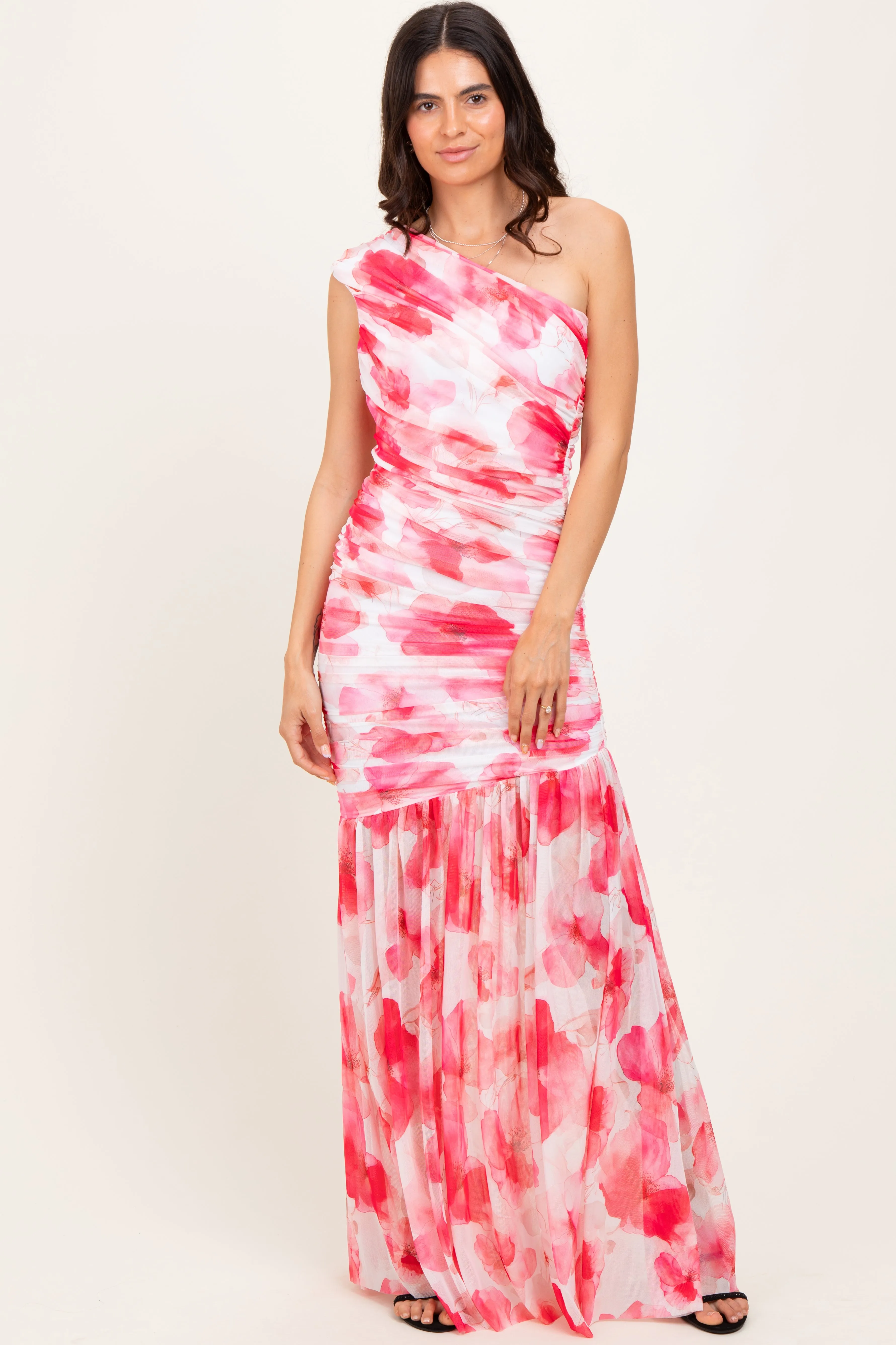 Fuchsia Floral Ruched Mesh One Shoulder Maxi Dress sold by Pinkblush product image thumbnail 2