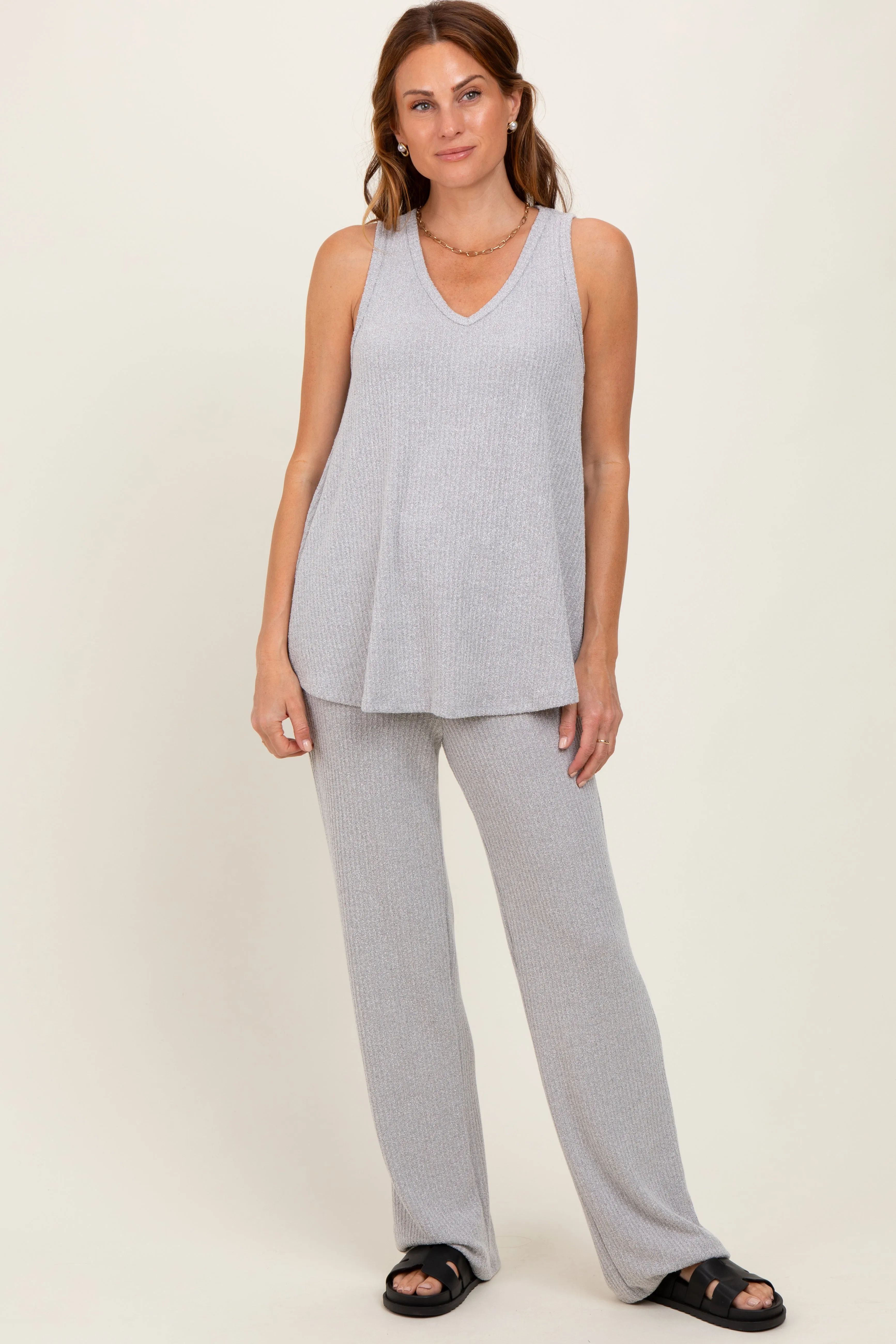 Heather Grey Rib Knit Tank and Pant Set sold by Pinkblush