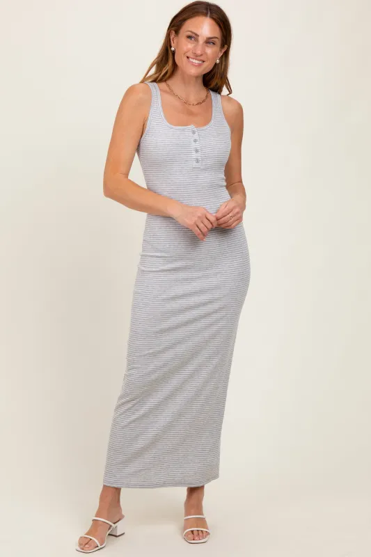 Heather Grey Striped Button Front Sleeveless Maxi Dress sold by Pinkblush