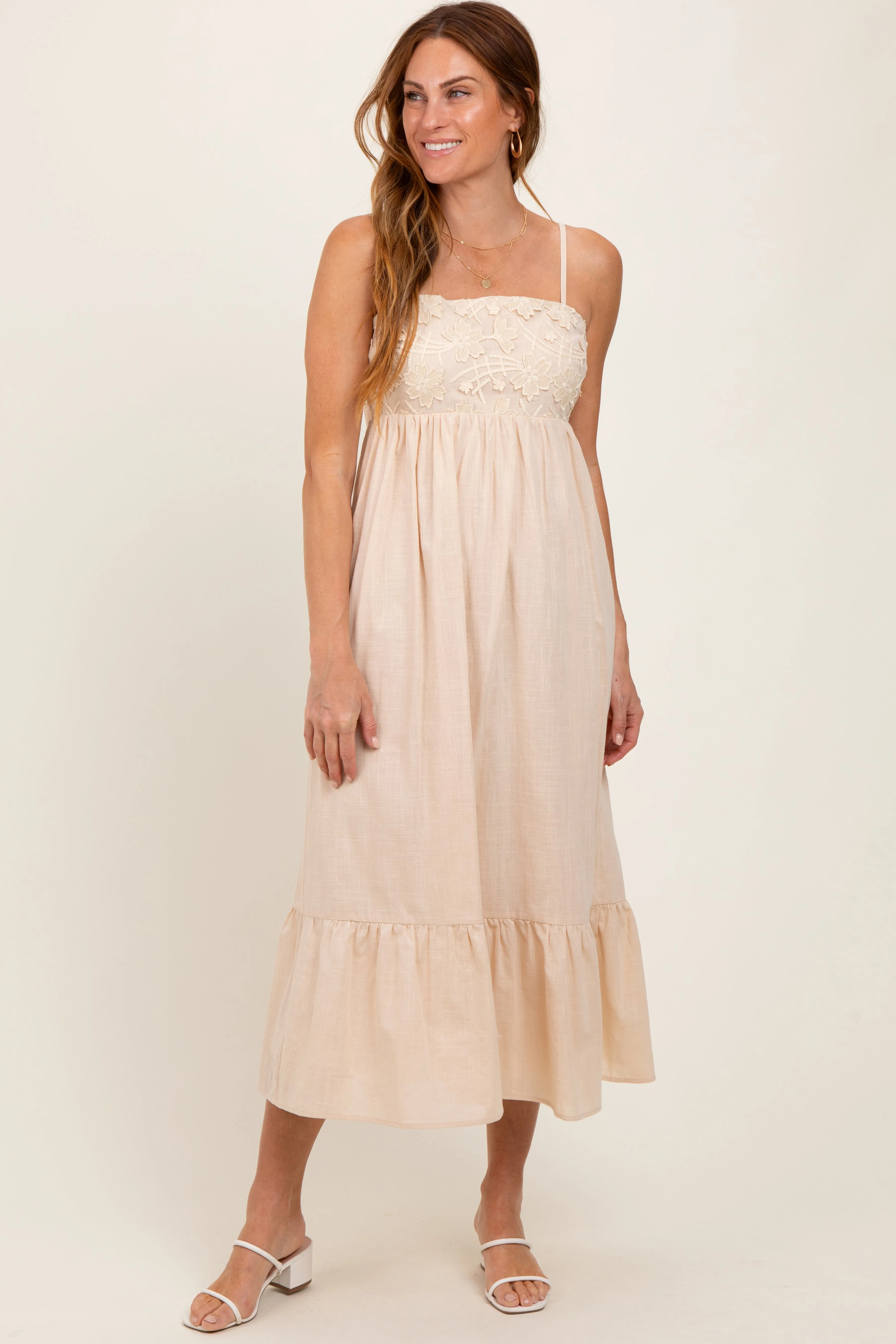 Beige Floral Embroidery Back Ribbon Midi Dress sold by Pinkblush product image thumbnail 2