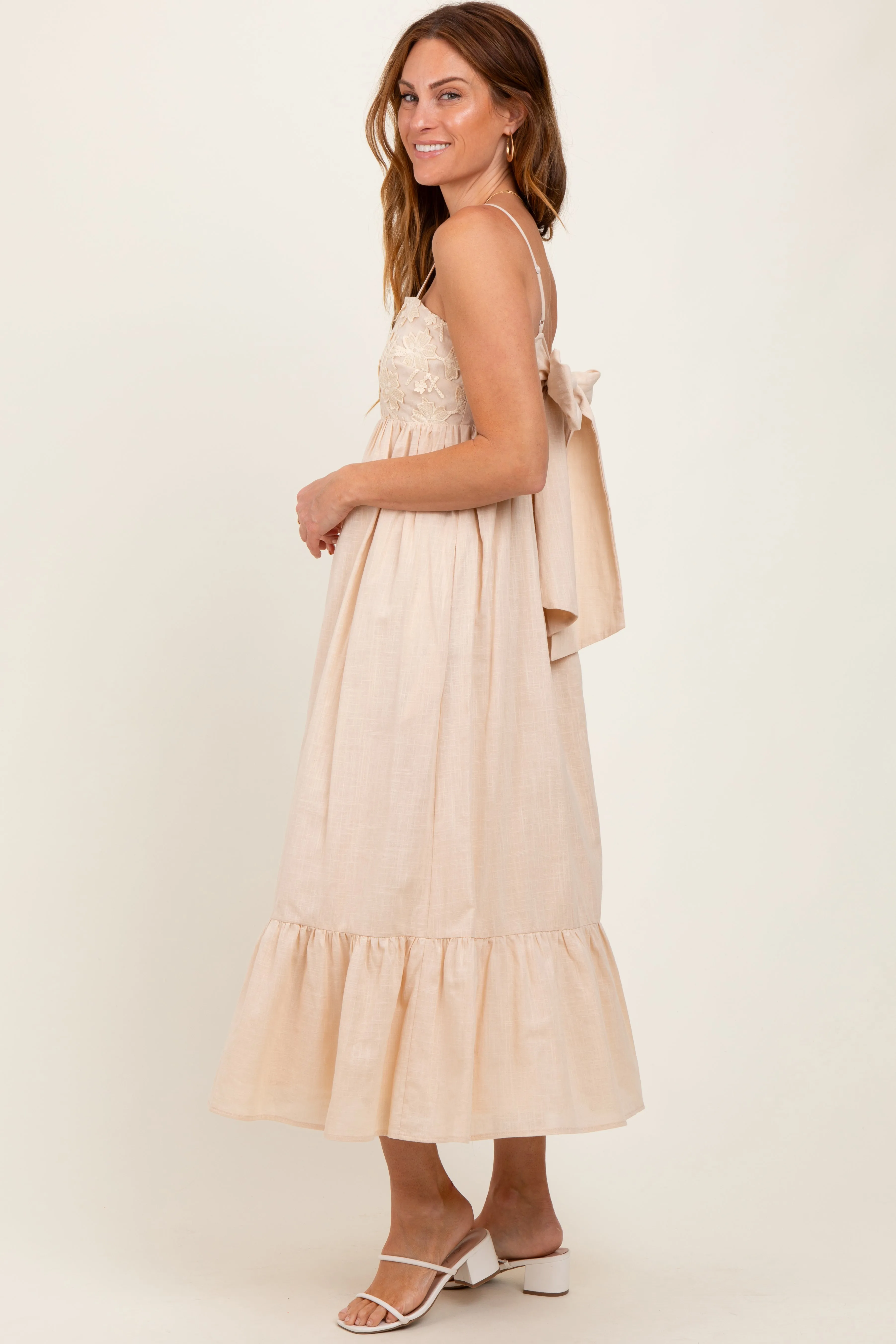 Beige Floral Embroidery Back Ribbon Midi Dress sold by Pinkblush product image thumbnail 3