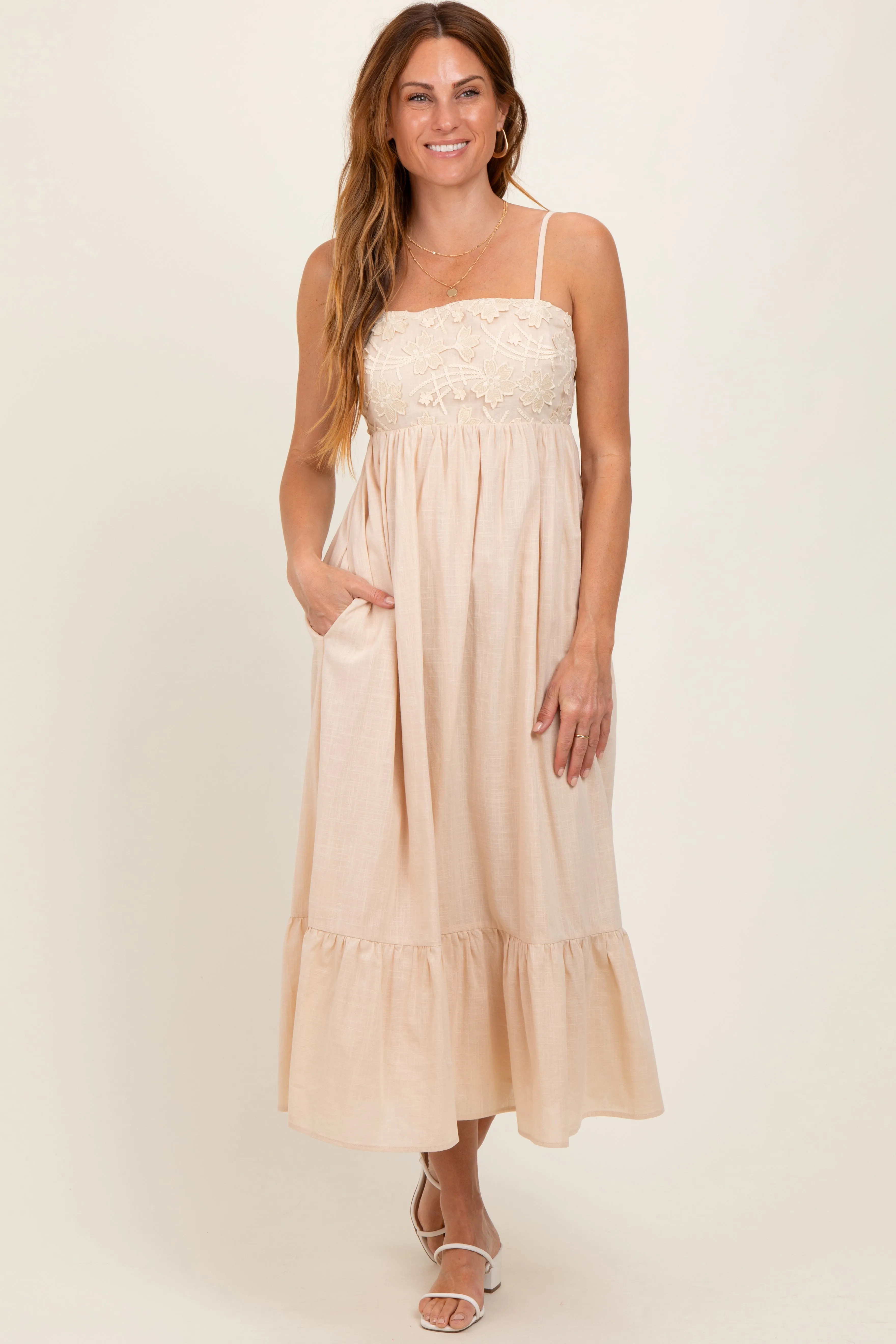 Beige Floral Embroidery Back Ribbon Midi Dress sold by Pinkblush